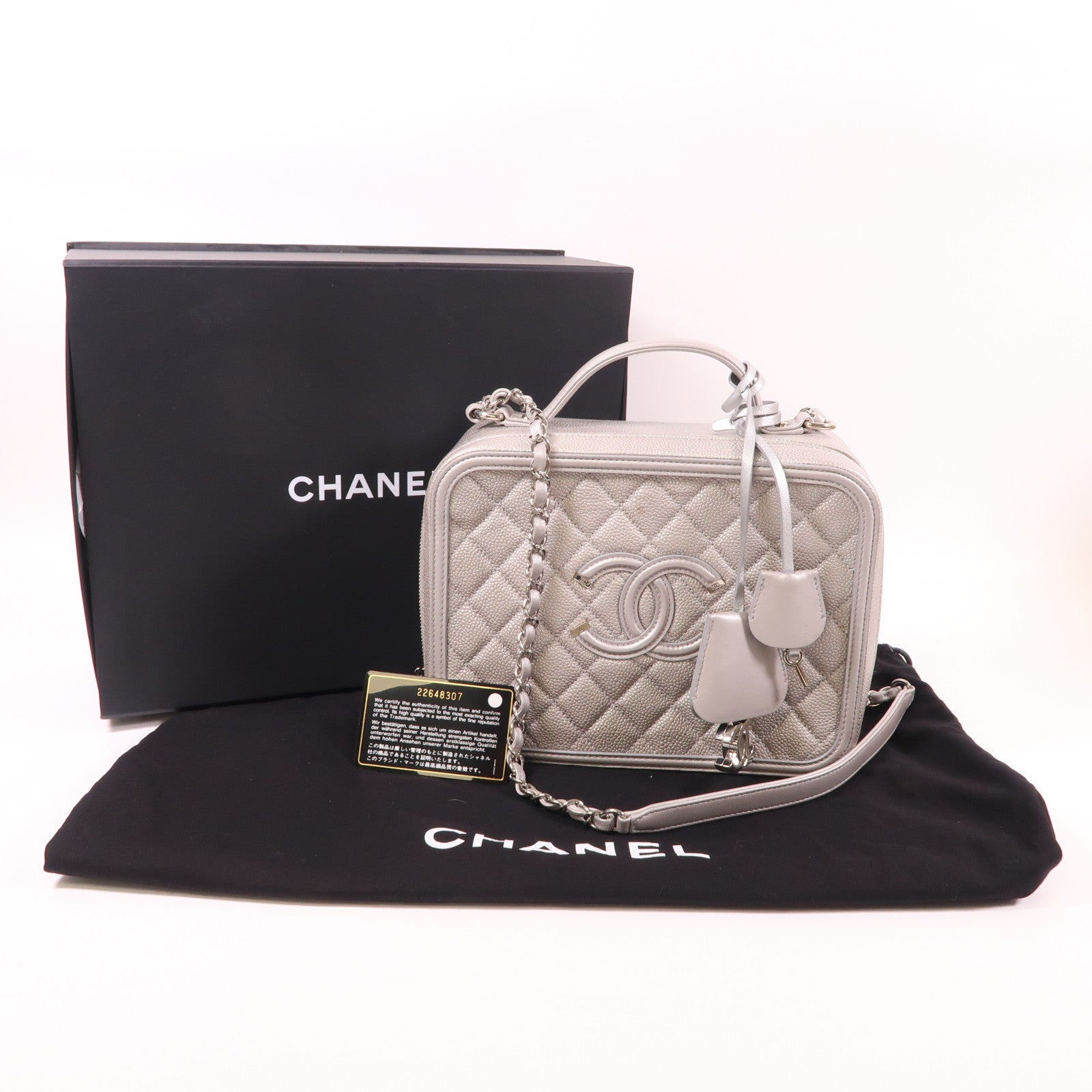 CHANEL SHW Vanity Case Chain 2 Way Bag Calfskin Leather Silver