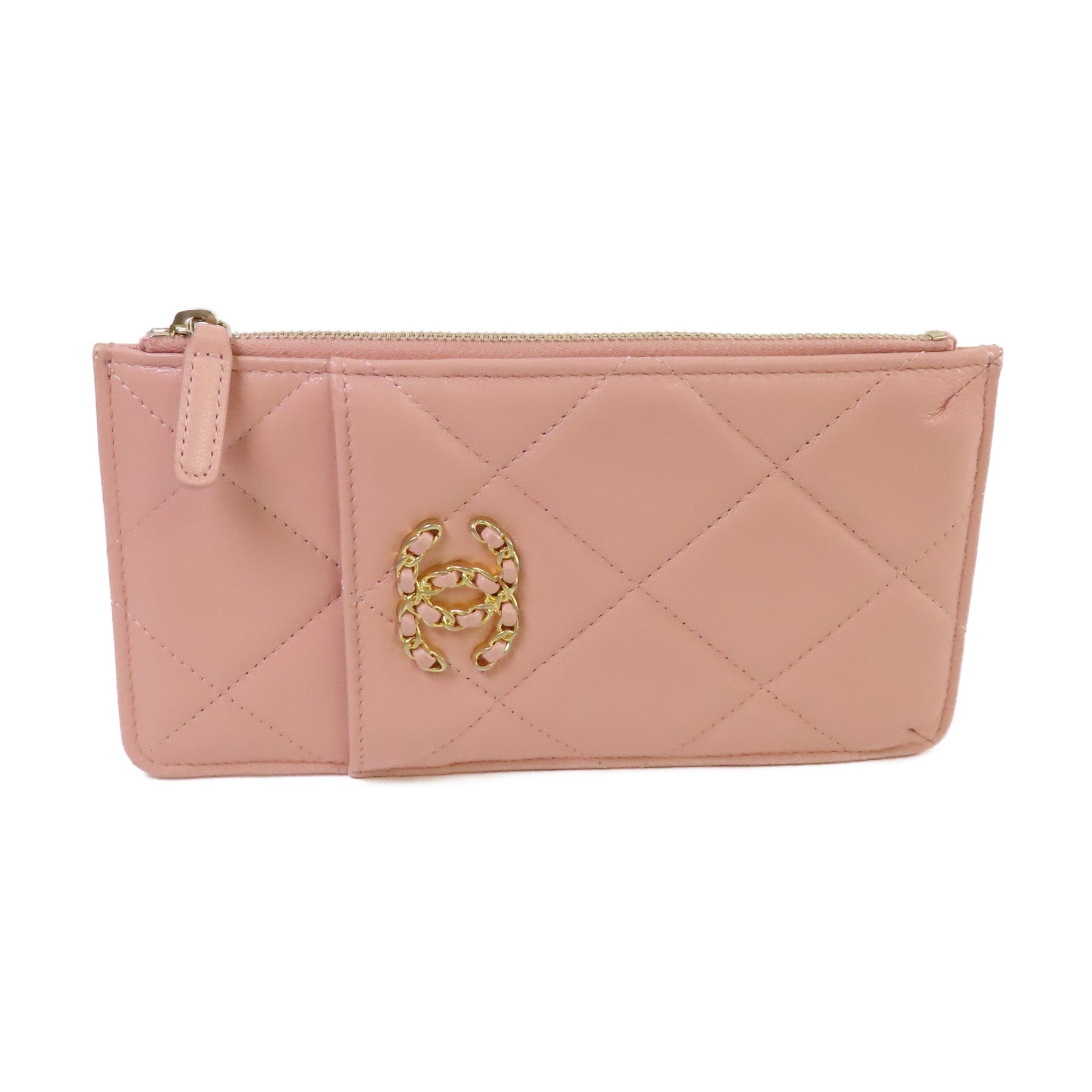 CHANEL 【激減優惠】菱格羊皮皮革Chanel 19 Phone & Card Holder金扣手機/卡片套粉紅色