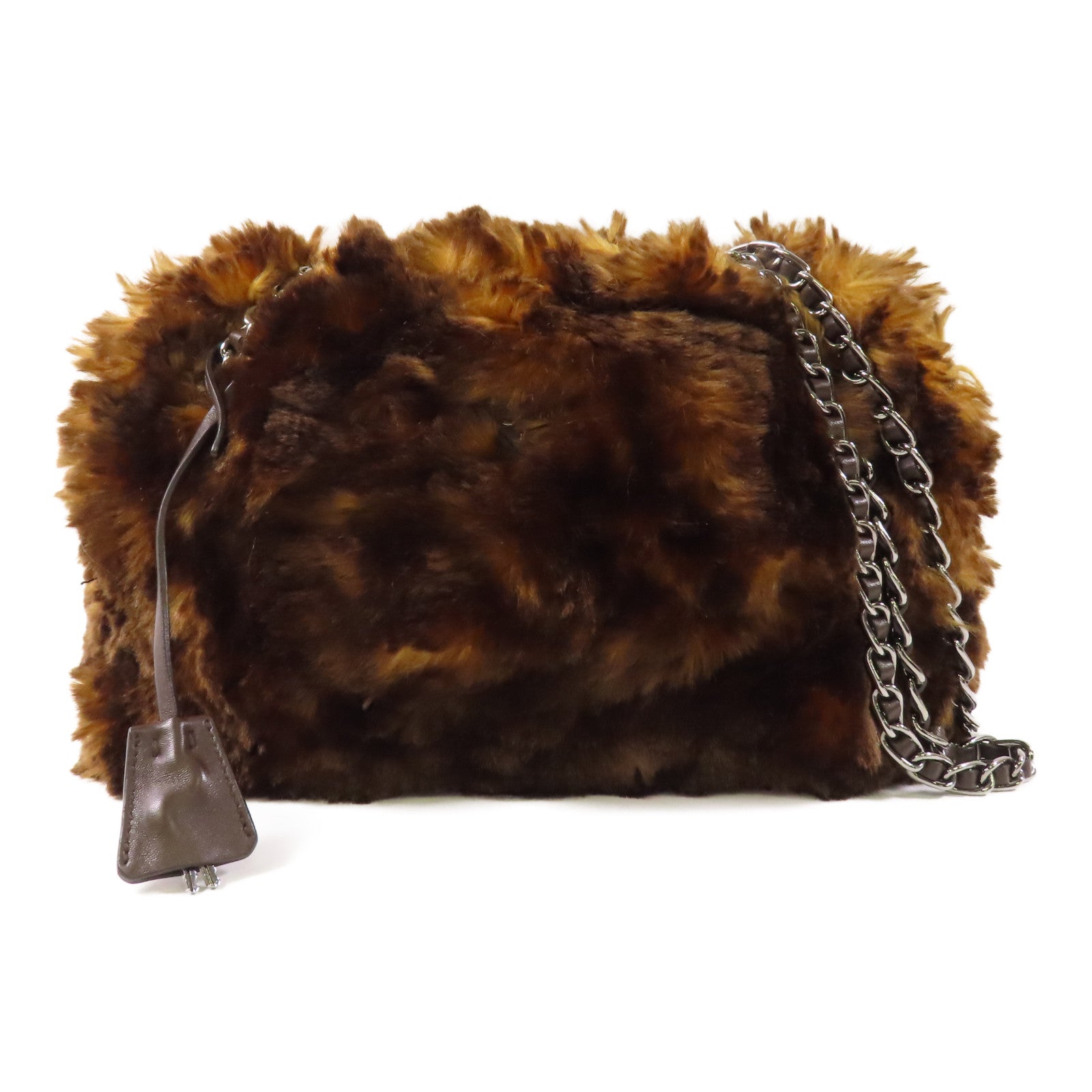 PRADA 合成毛皮Shoulder Bag銀扣鏈帶肩背袋