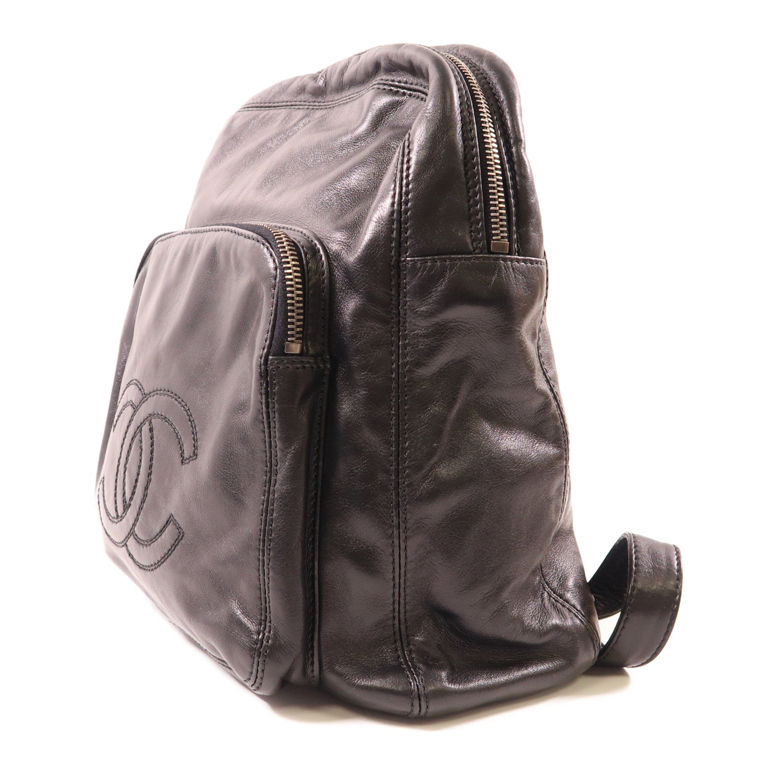 CHANEL 羊皮皮革Backpack銀扣背包