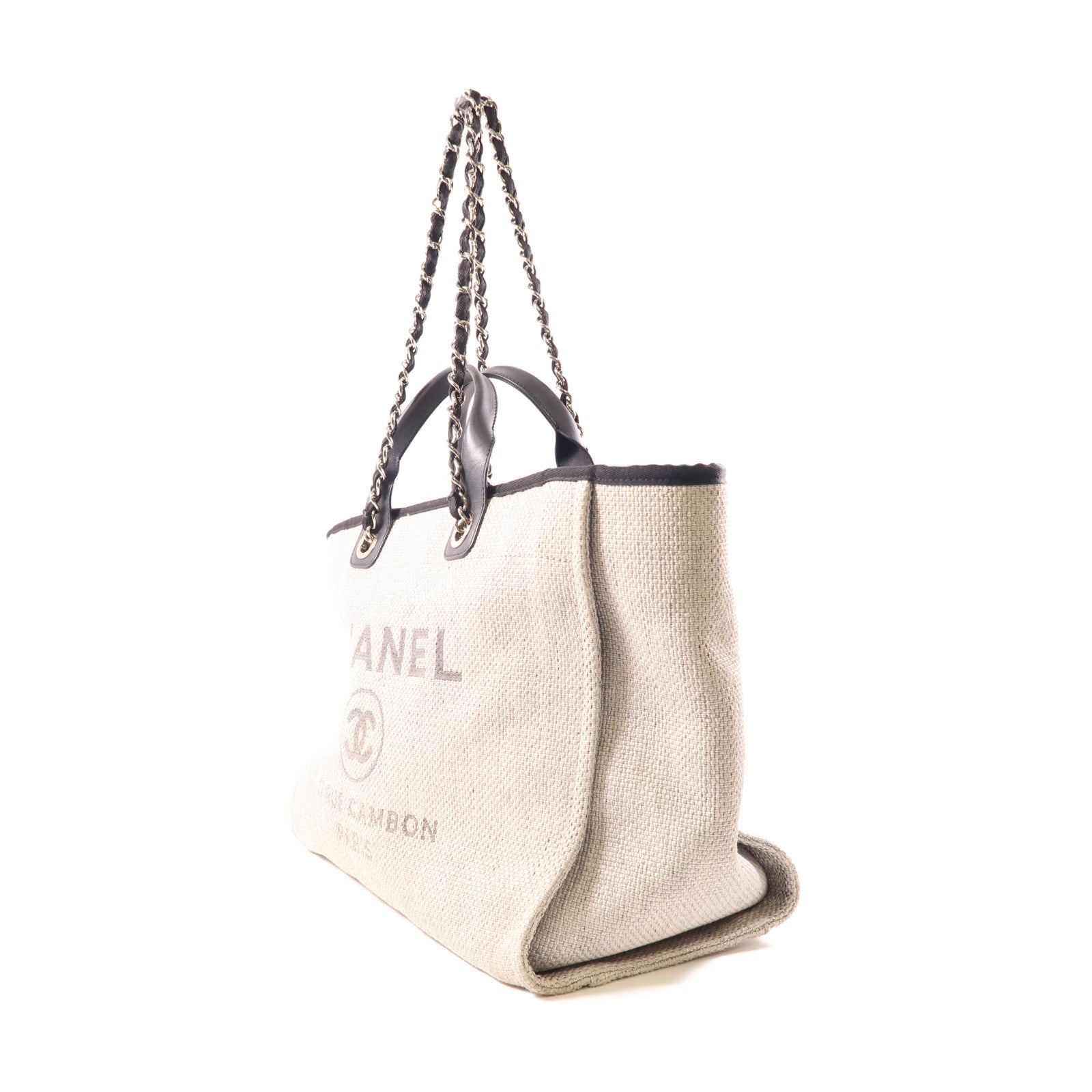 CHANEL Straw Deauville Tote銀扣手挽肩背兩用袋灰色/黑色