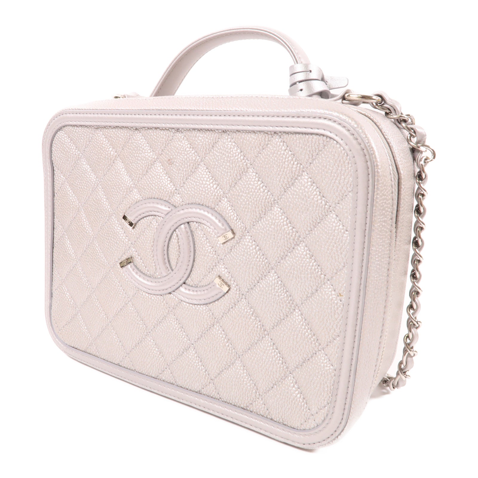 CHANEL SHW Vanity Case Chain 2 Way Bag Calfskin Leather Silver