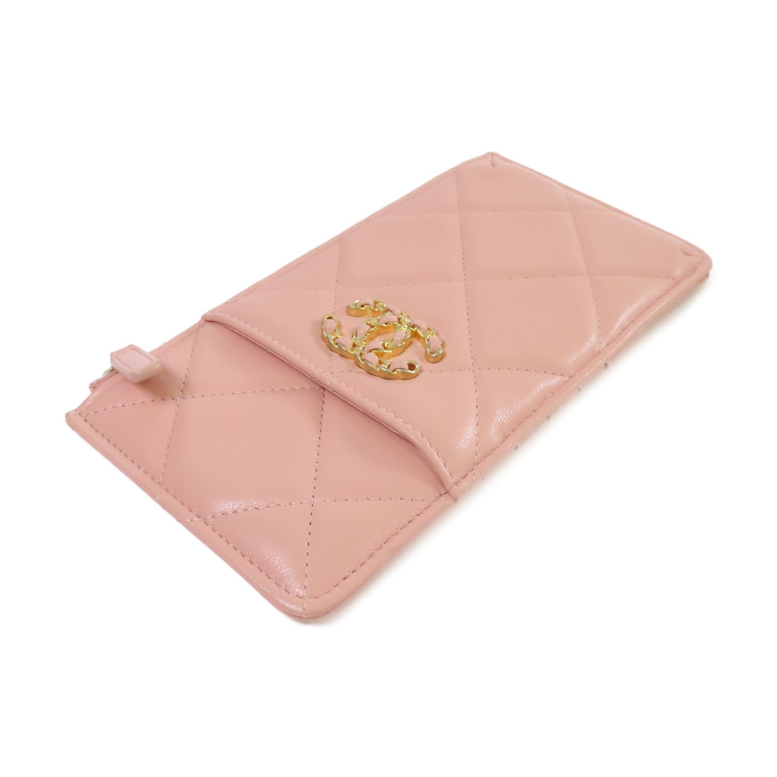CHANEL 【激減優惠】菱格羊皮皮革Chanel 19 Phone & Card Holder金扣手機/卡片套粉紅色