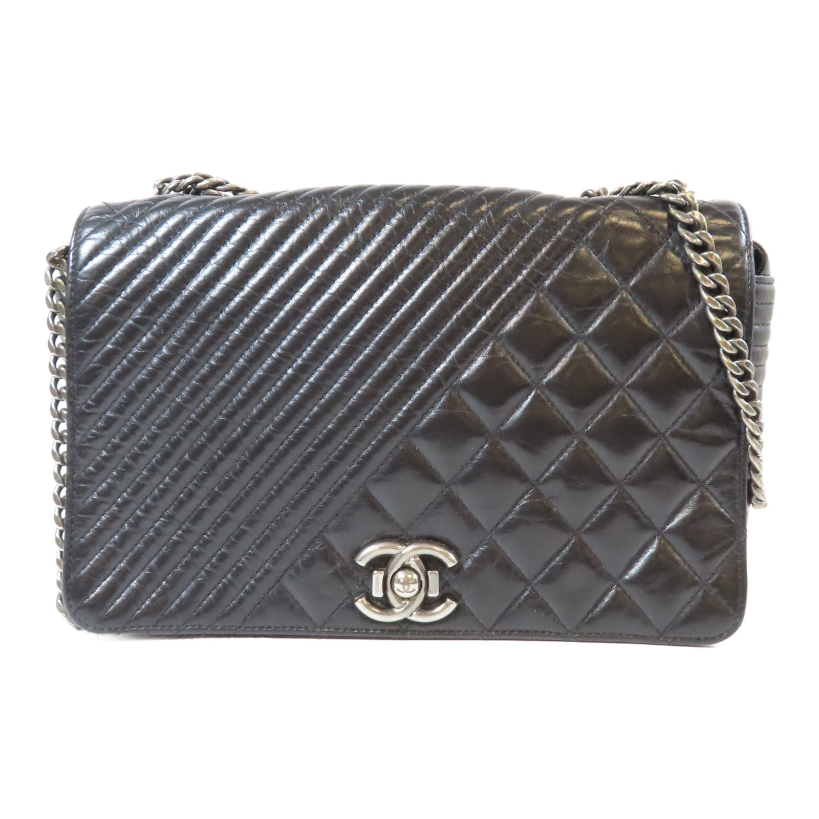 CHANEL 牛皮皮革Chain Shoulder銀扣肩背袋黑色