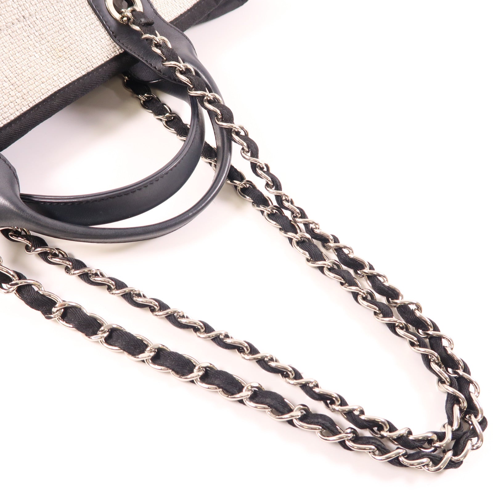 CHANEL Straw Deauville Tote銀扣手挽肩背兩用袋灰色/黑色