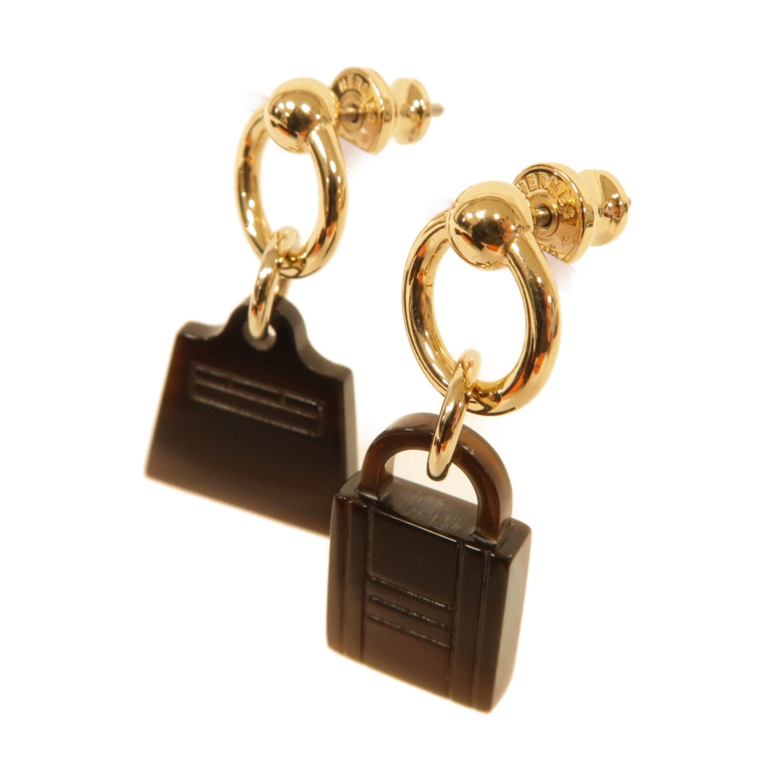 HERMES 【激減優惠】水牛角/金屬Amulet Maroquinier Earrings耳環啡色/金色