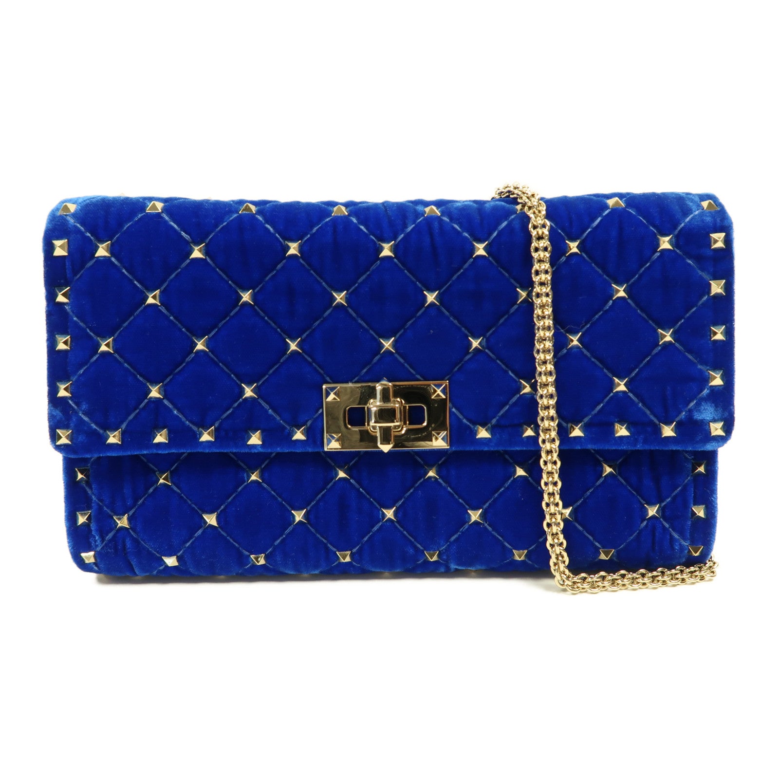 Valentino 天鵝絨Chain Shoulder金扣鏈帶肩背袋藍色