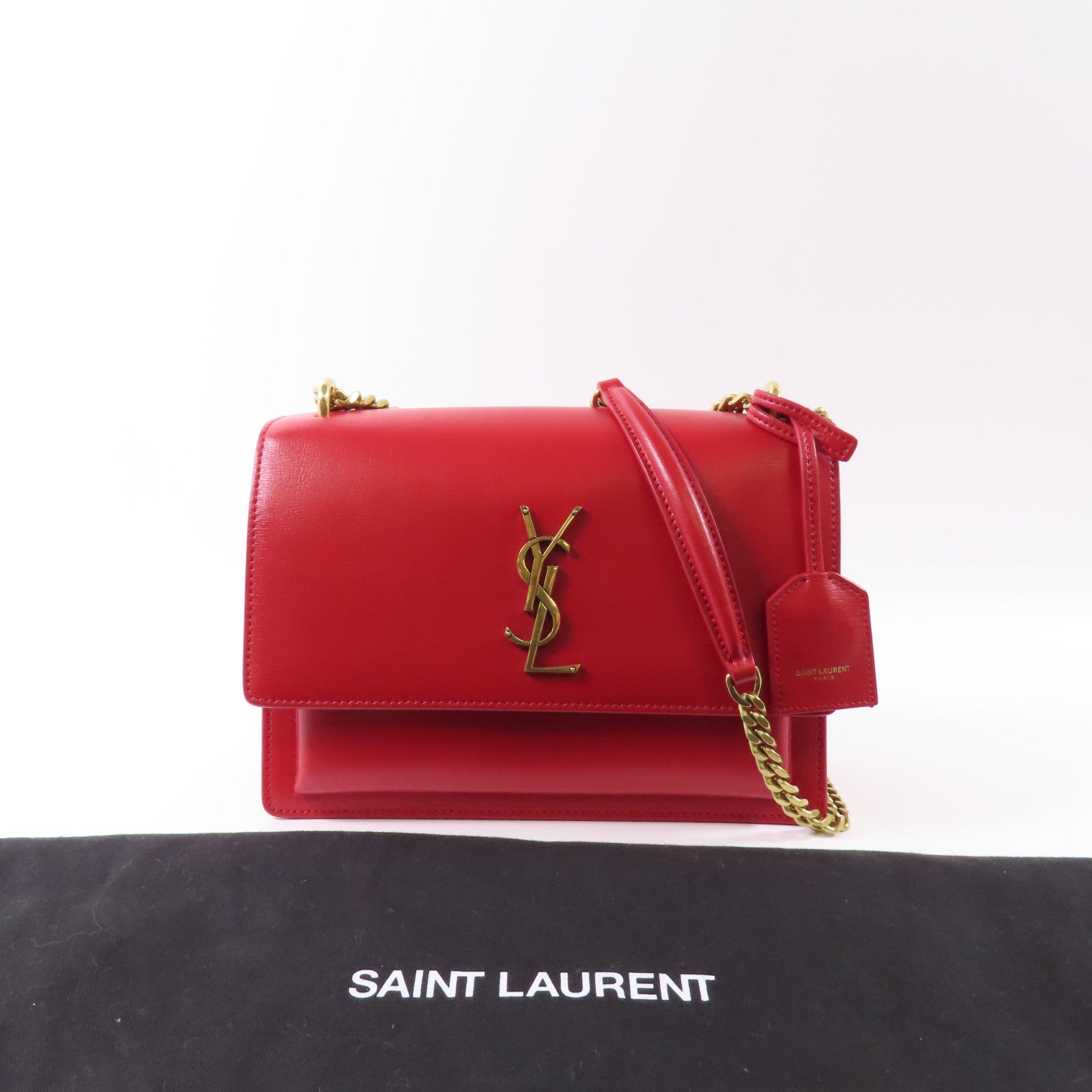 SAINT LAURENT 牛皮皮革Chain Shoulder金扣鏈帶肩背袋紅色