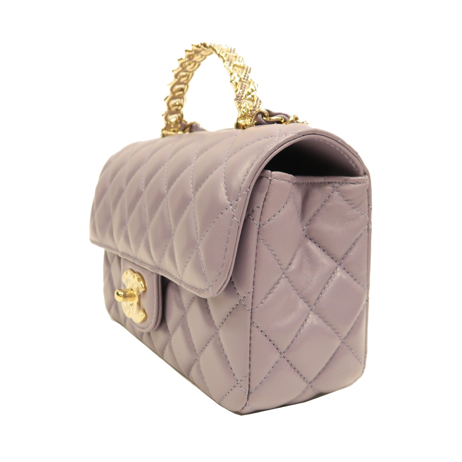 CHANEL 菱格羊皮皮革Mini Flap with Top Handle金扣手挽肩背兩用袋紫色