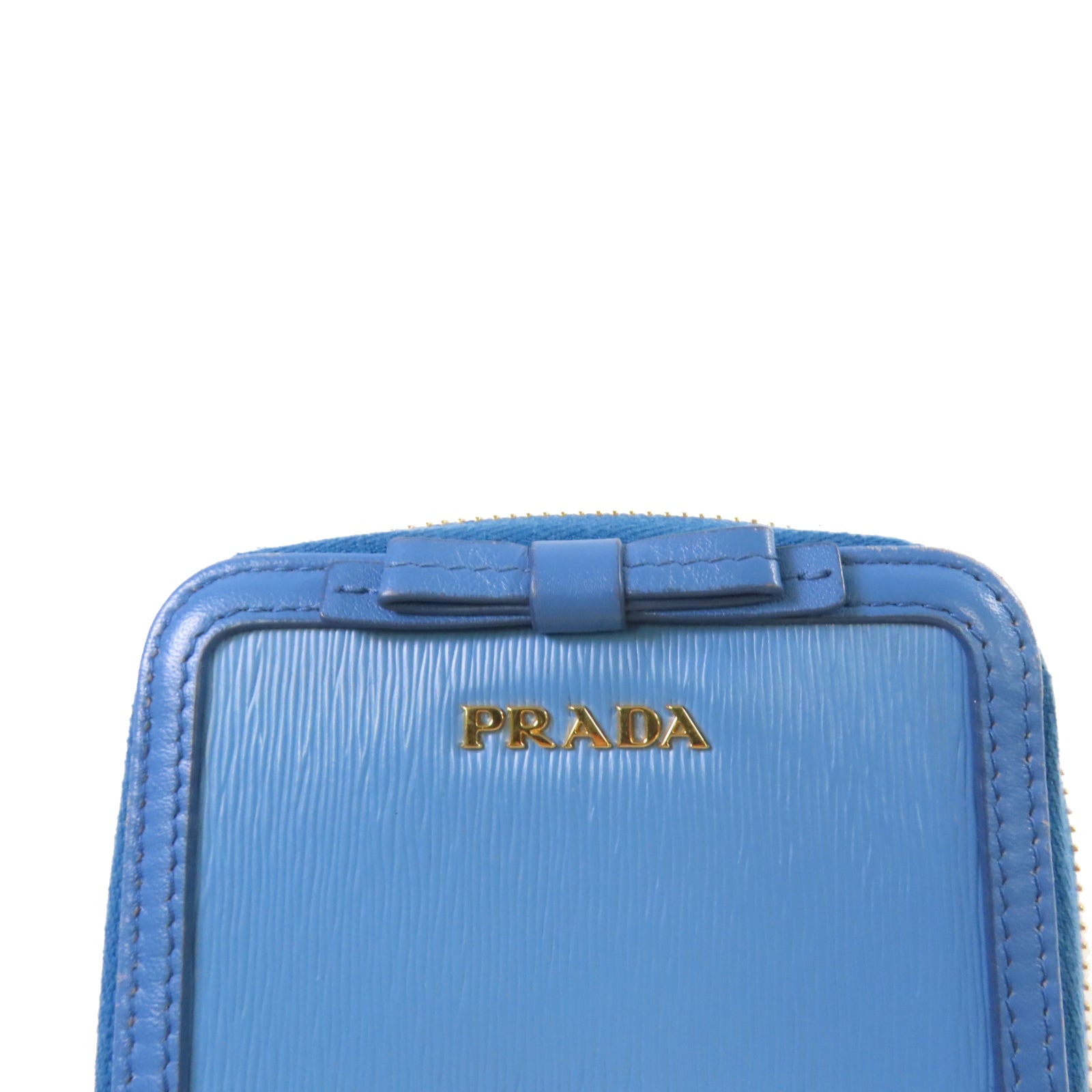 PRADA 牛皮皮革Round Zip Wallet金扣拉鏈短錢包淺藍色