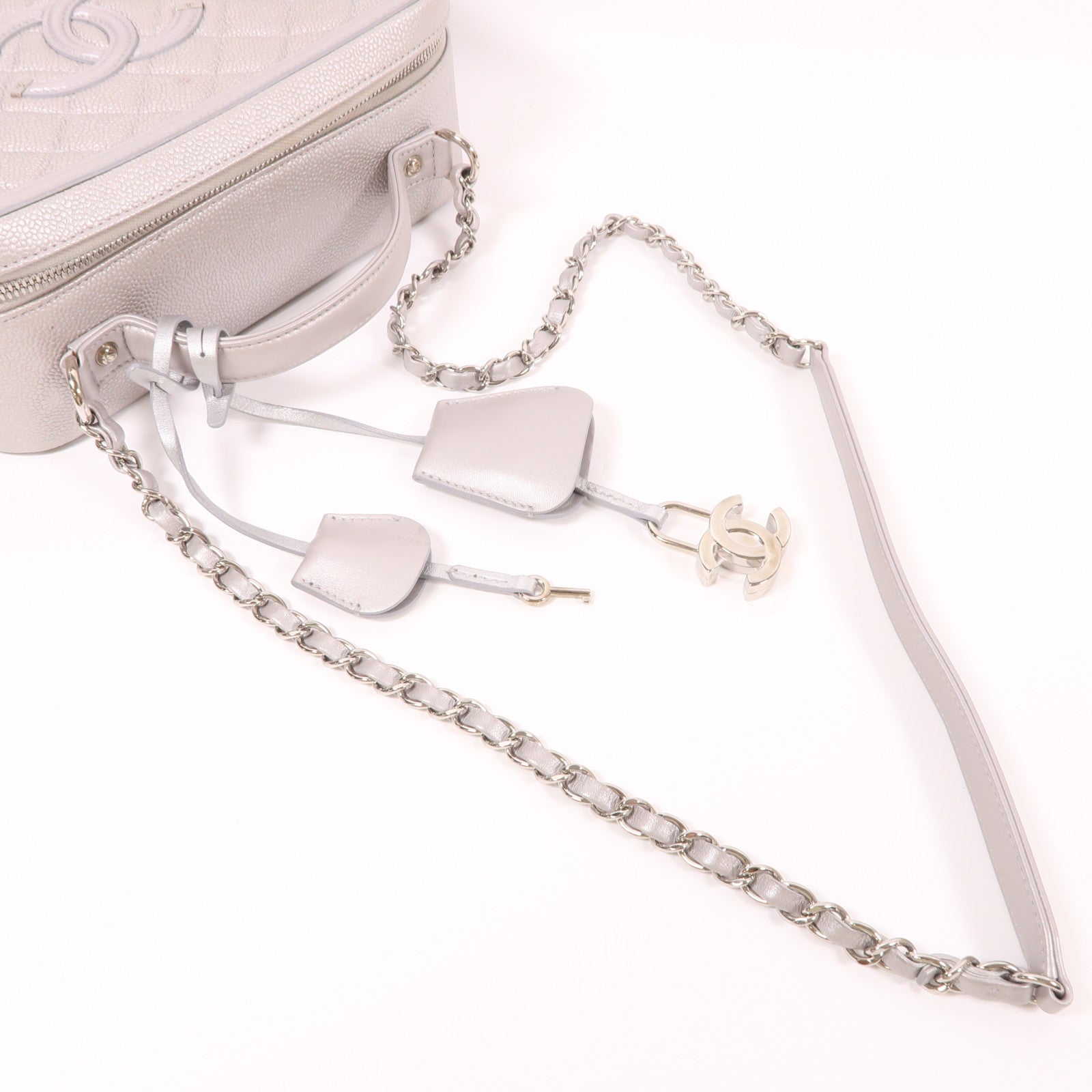 CHANEL SHW Vanity Case Chain 2 Way Bag Calfskin Leather Silver