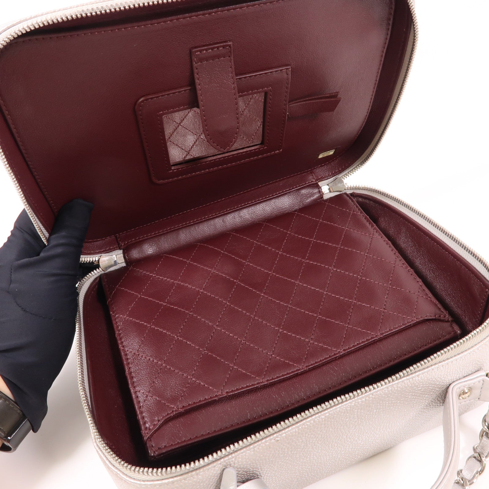 CHANEL SHW Vanity Case Chain 2 Way Bag Calfskin Leather Silver