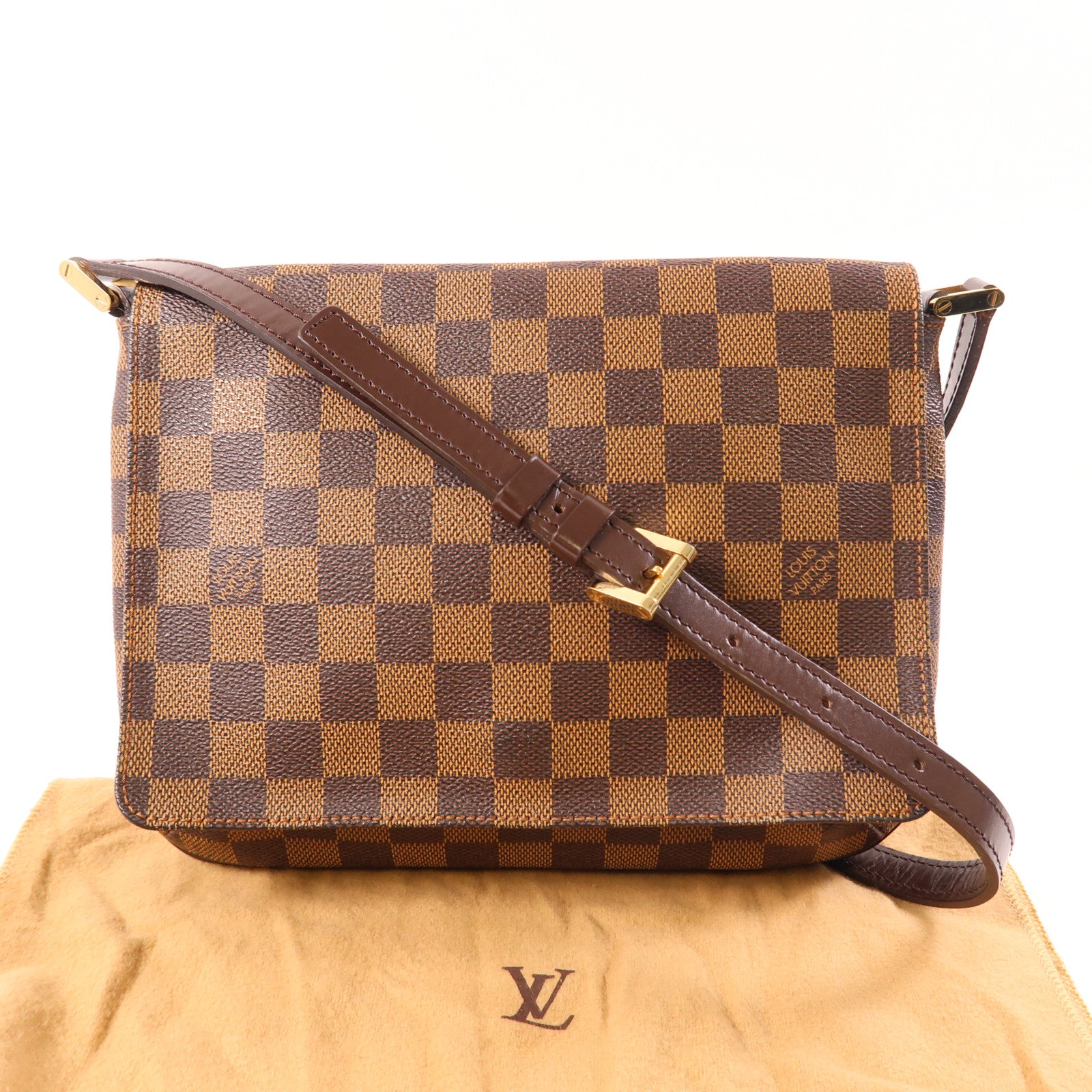 LOUIS VUITTON Damier Musette Tango金扣肩背袋棕色