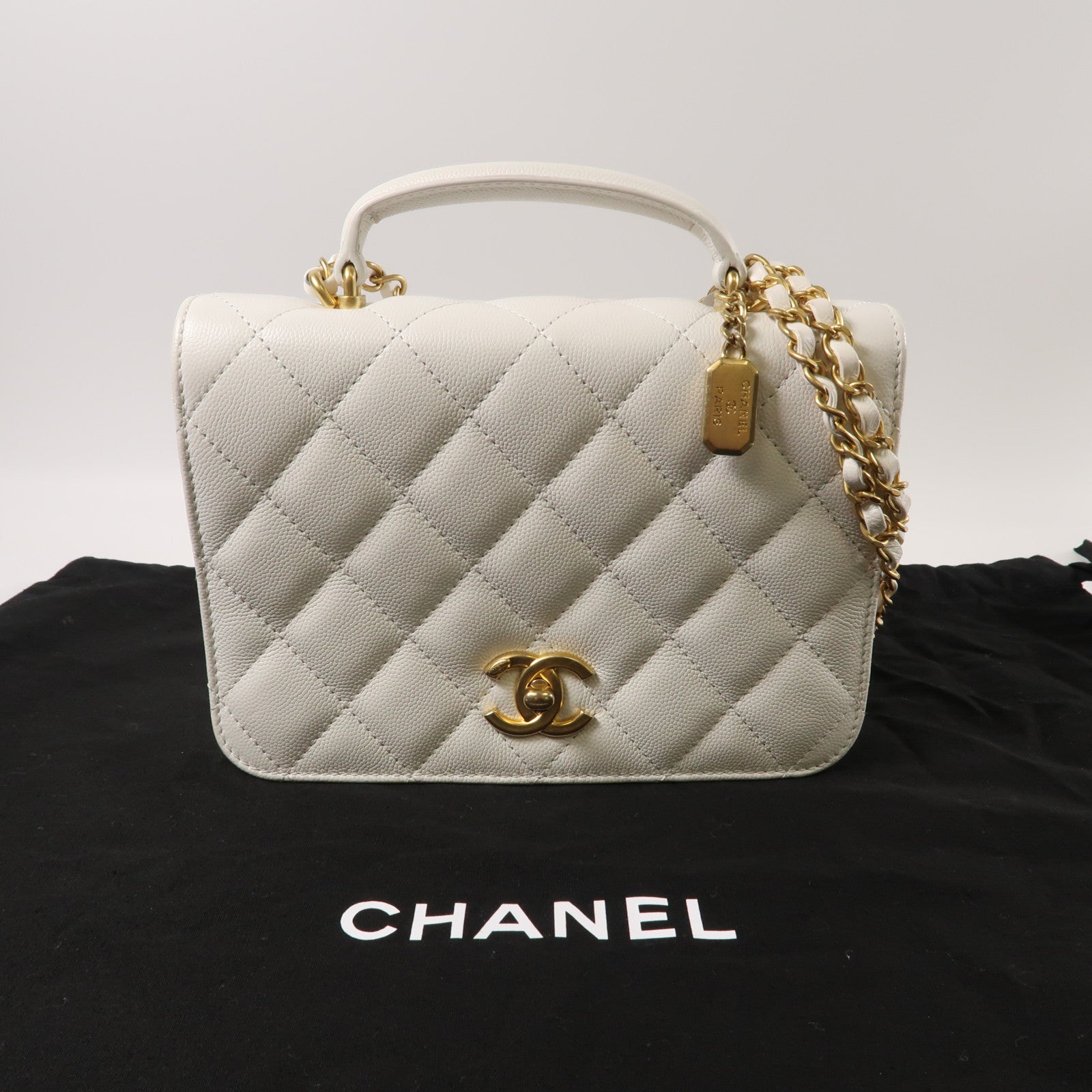 CHANEL 菱格牛皮皮革Chain Shoulder金扣手挽肩背兩用袋白色