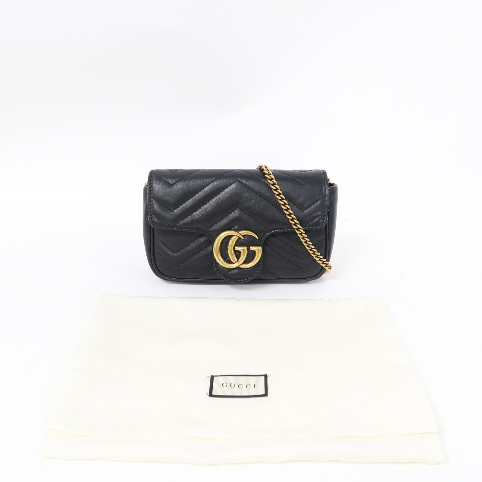 GUCCI 牛皮皮革GG Marmont Super Mini金扣鏈帶肩背袋黑色