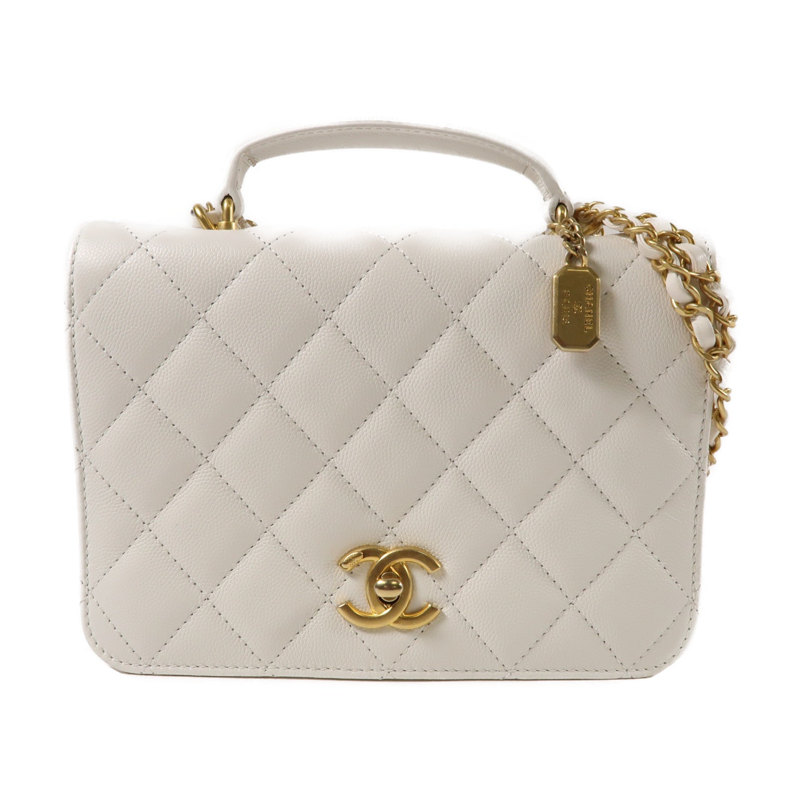 CHANEL 菱格牛皮皮革Chain Shoulder金扣手挽肩背兩用袋白色