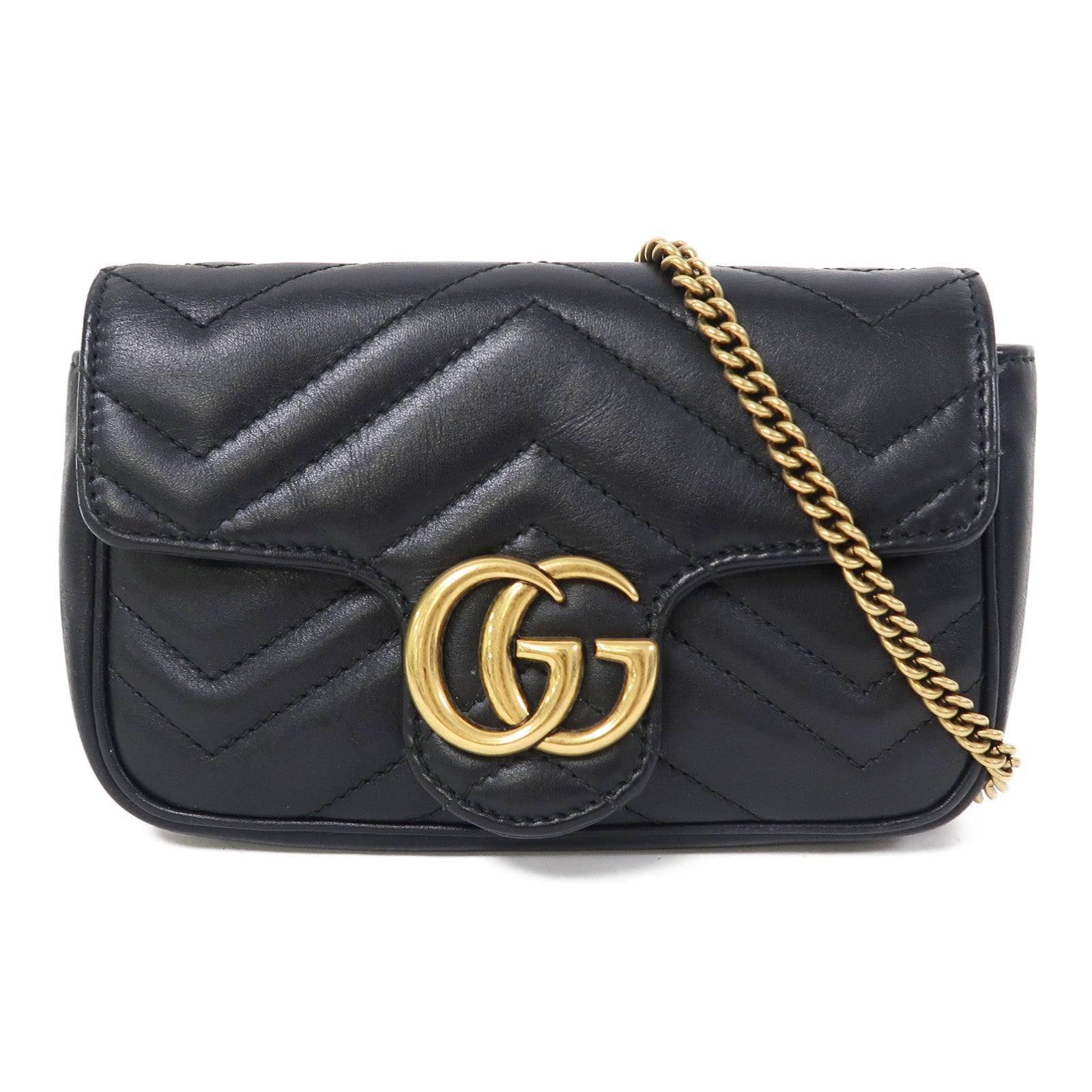 GUCCI 牛皮皮革GG Marmont Super Mini金扣鏈帶肩背袋黑色