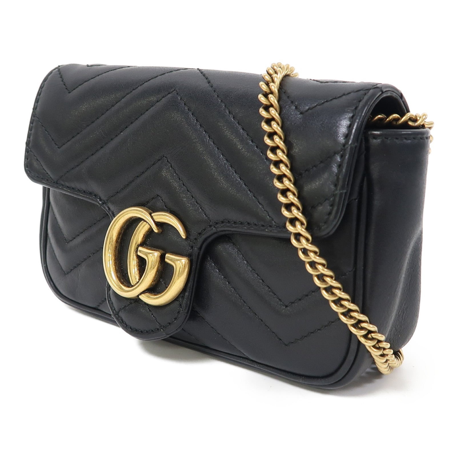 GUCCI 牛皮皮革GG Marmont Super Mini金扣鏈帶肩背袋黑色