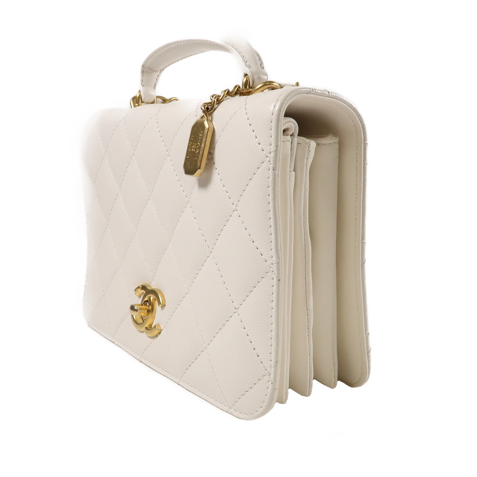 CHANEL 菱格牛皮皮革Chain Shoulder金扣手挽肩背兩用袋白色