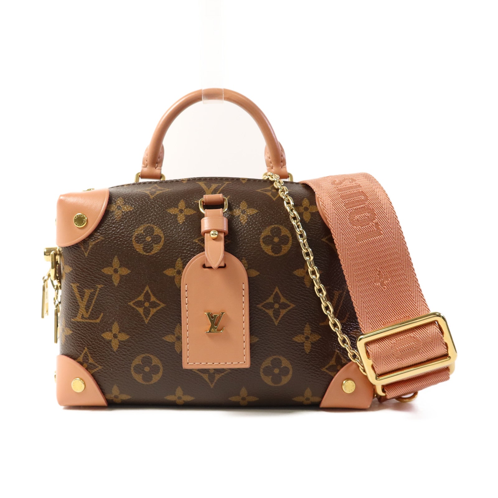 LOUIS VUITTON Monogram Petite Malle Souple金扣手挽肩背兩用袋棕色/粉紅色