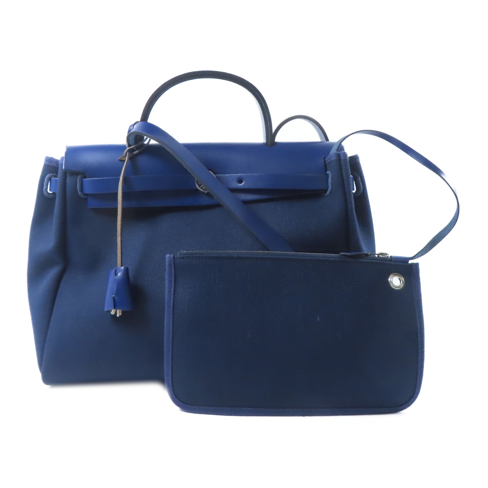 HERMES 帆布Herbag PM銀扣手挽肩背兩用袋藍色