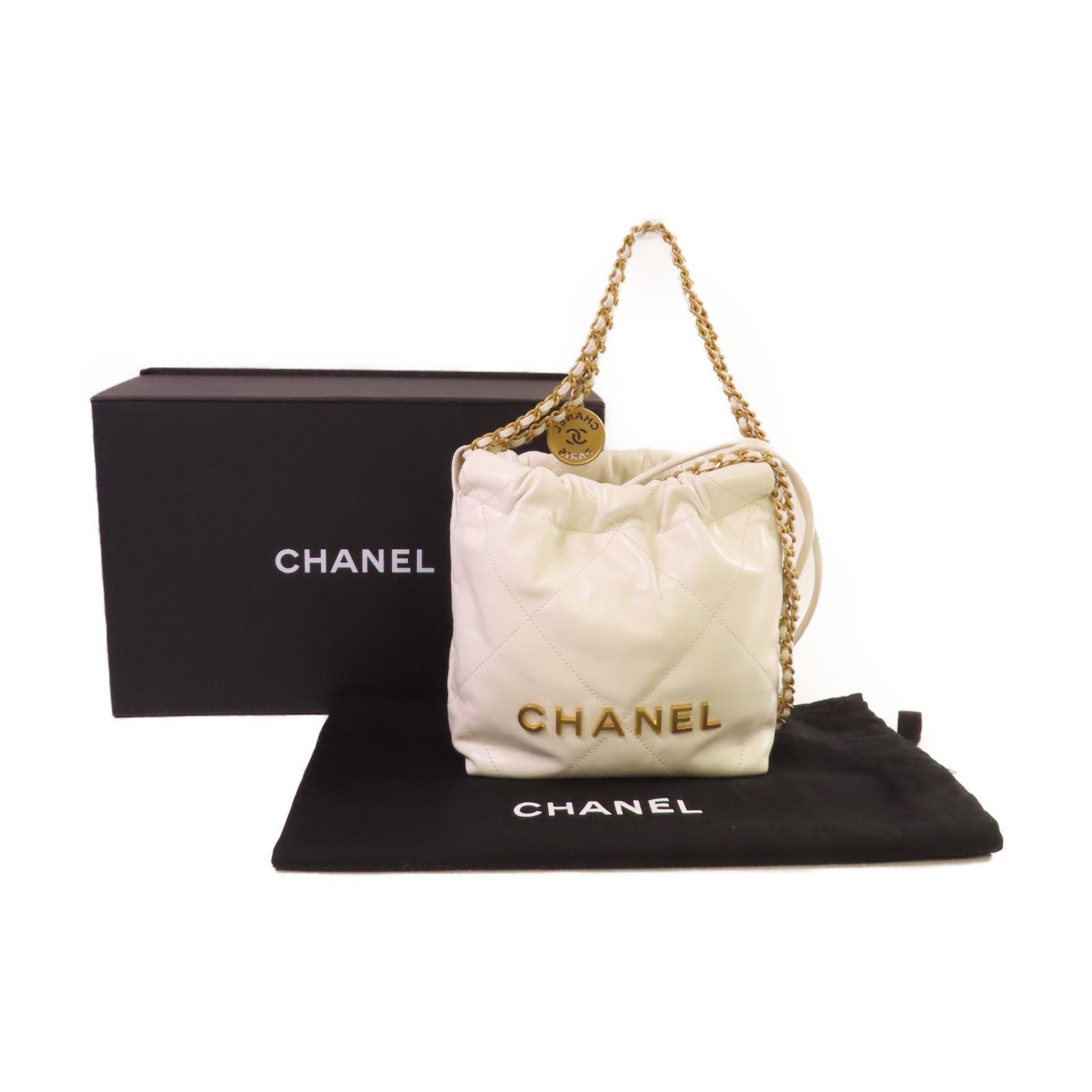 CHANEL 【激減優惠】菱格羊皮皮革Mini Chanel 22 2Way Shoulder Bag金扣鏈帶手挽肩背兩用袋白色