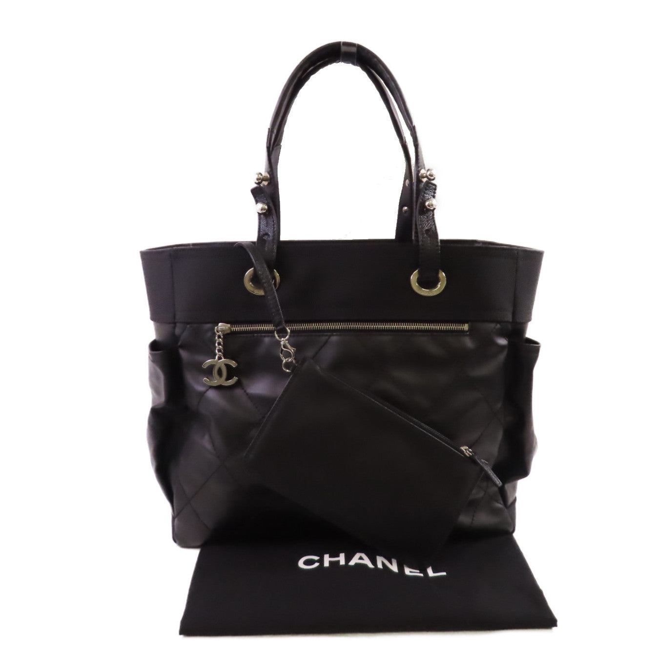 CHANEL 菱格塗層帆布Biarritz Tote Bag Large Tote Bag銀扣肩背袋