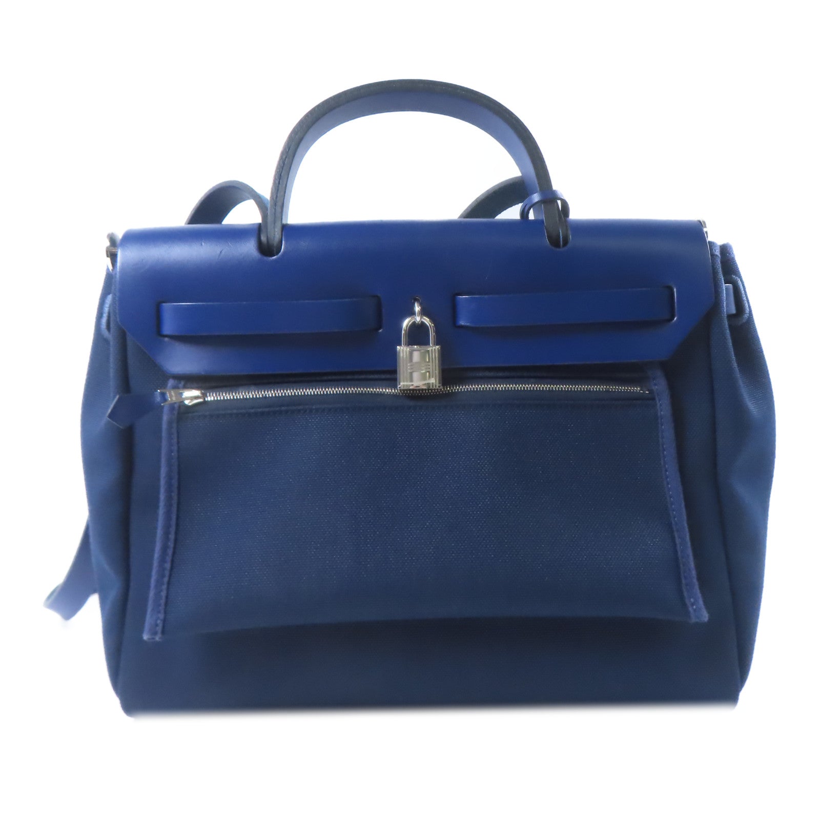 HERMES 帆布Herbag PM銀扣手挽肩背兩用袋藍色