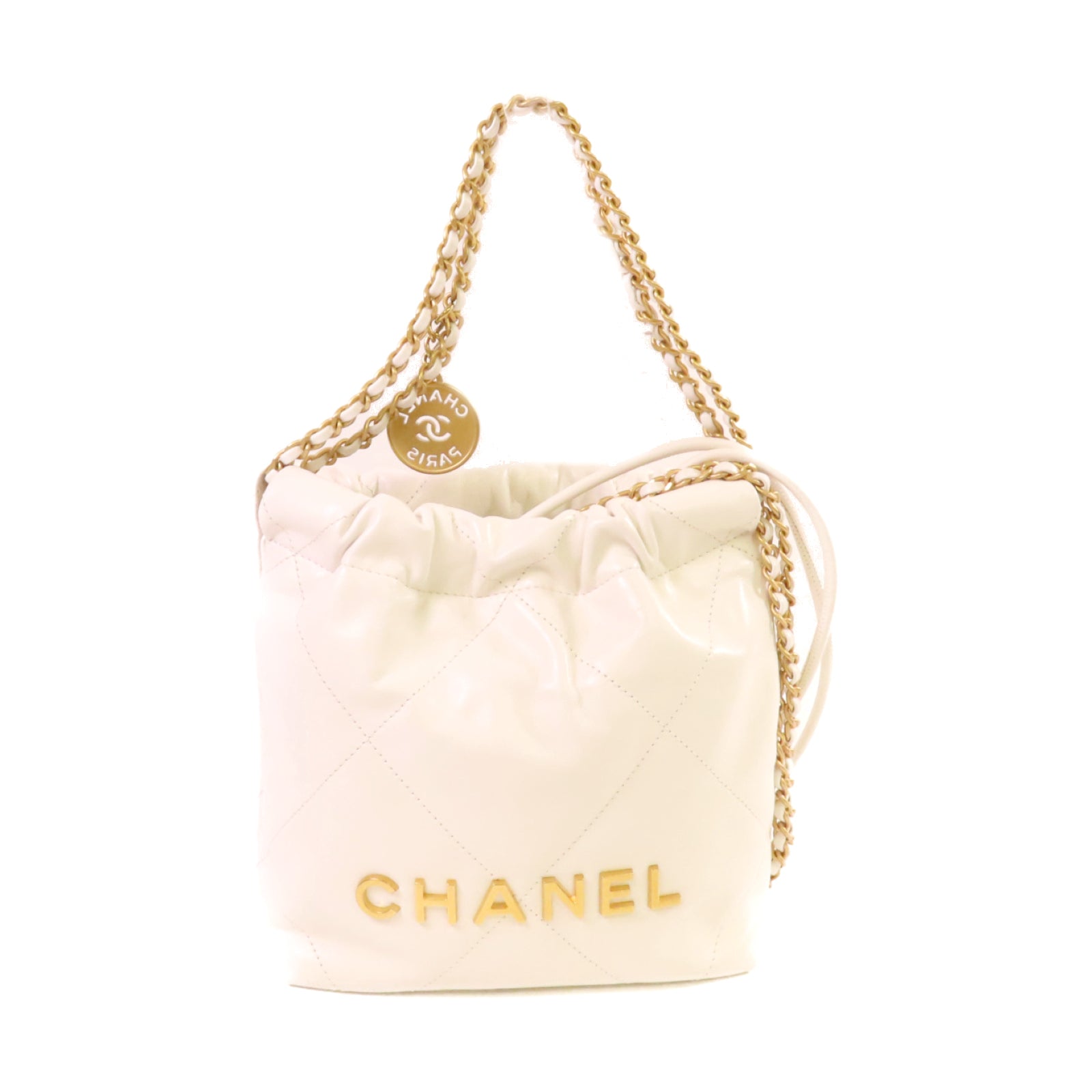 CHANEL 【激減優惠】菱格羊皮皮革Mini Chanel 22 2Way Shoulder Bag金扣鏈帶手挽肩背兩用袋白色