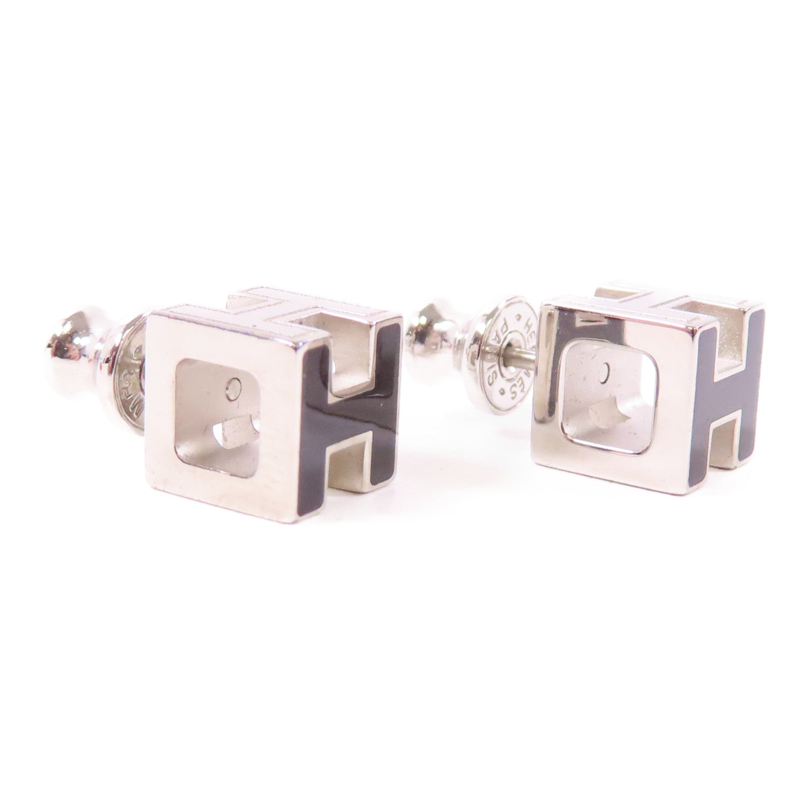 HERMES 金屬Cage H Earrings銀扣耳環Black/Silver黑色/銀色