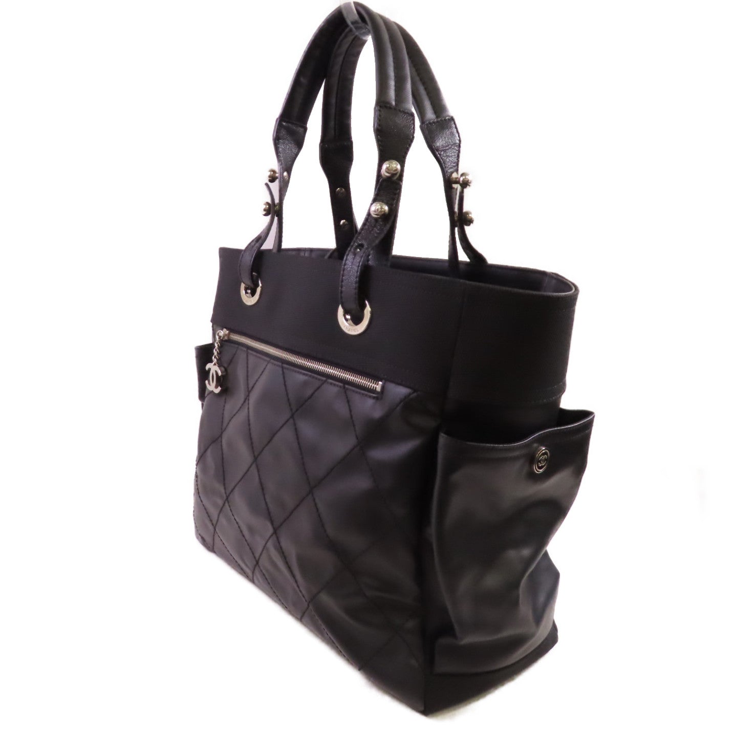 CHANEL 菱格塗層帆布Biarritz Tote Bag Large Tote Bag銀扣肩背袋