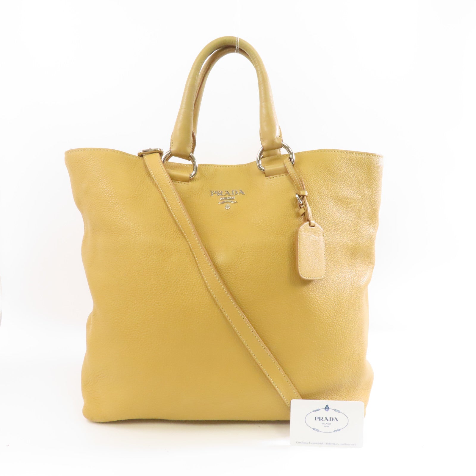 PRADA 牛皮皮革Shoulder Tote銀扣手挽肩背兩用袋卡其色