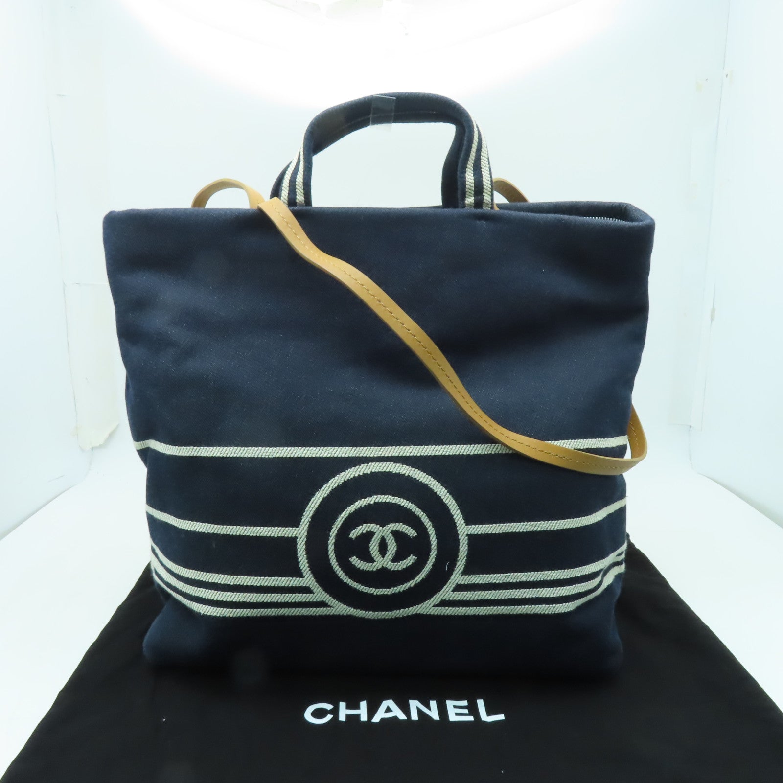 CHANEL 【激減優惠】帆布2way Shoulder Bag銀扣手挽肩背兩用袋深藍色