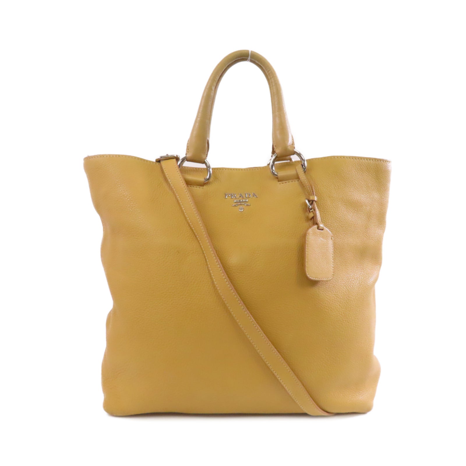 PRADA 牛皮皮革Shoulder Tote銀扣手挽肩背兩用袋卡其色