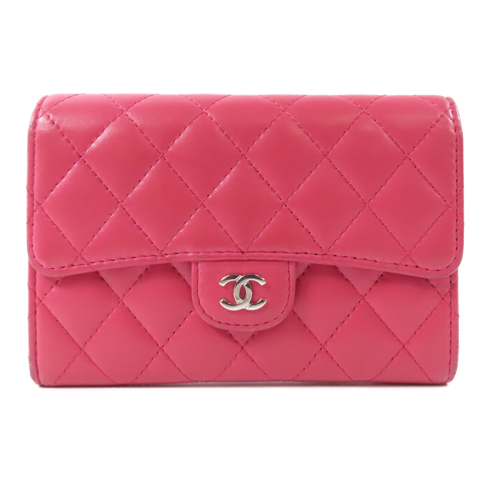 CHANEL 羊皮皮革Wallet銀扣長錢包粉紅色