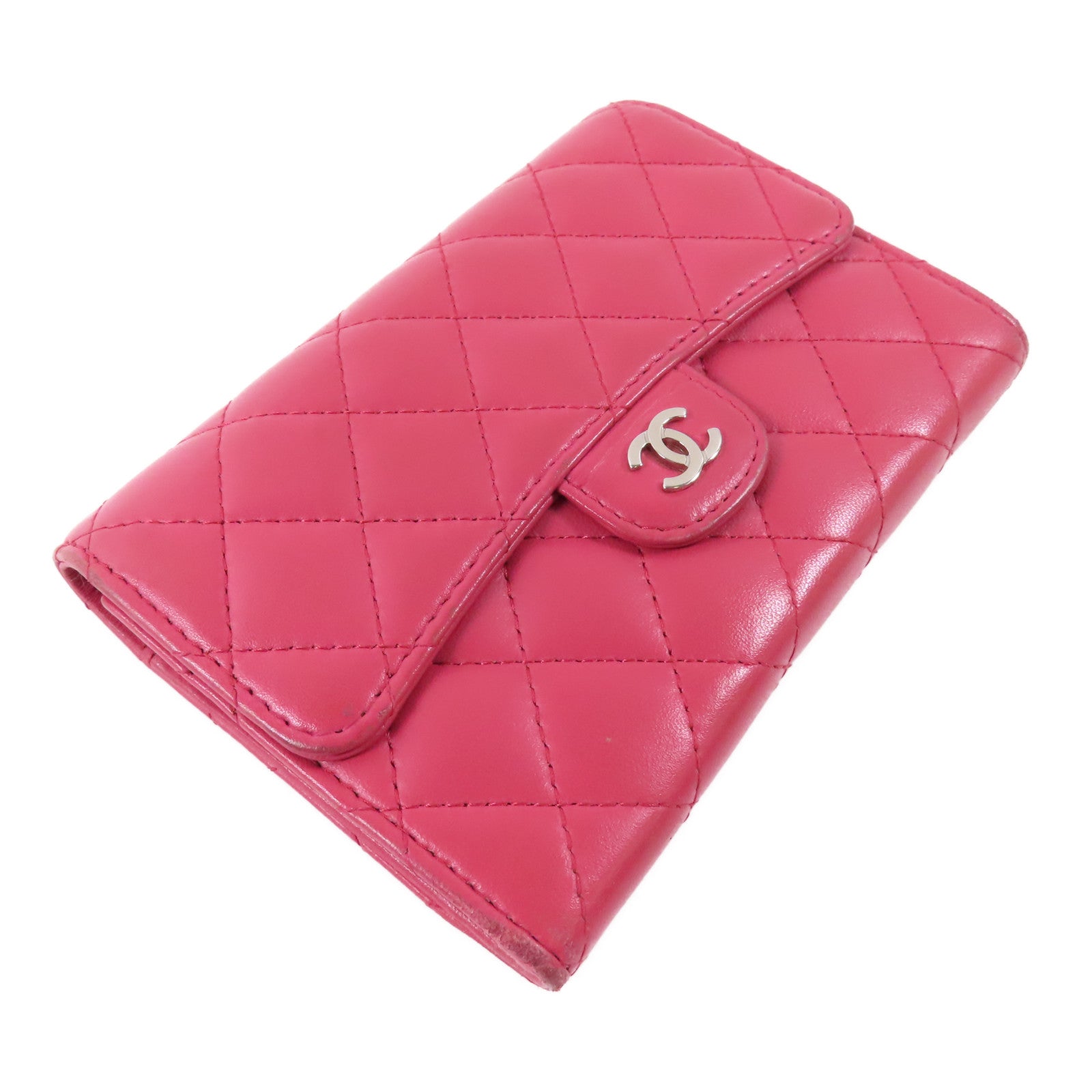 CHANEL 羊皮皮革Wallet銀扣長錢包粉紅色