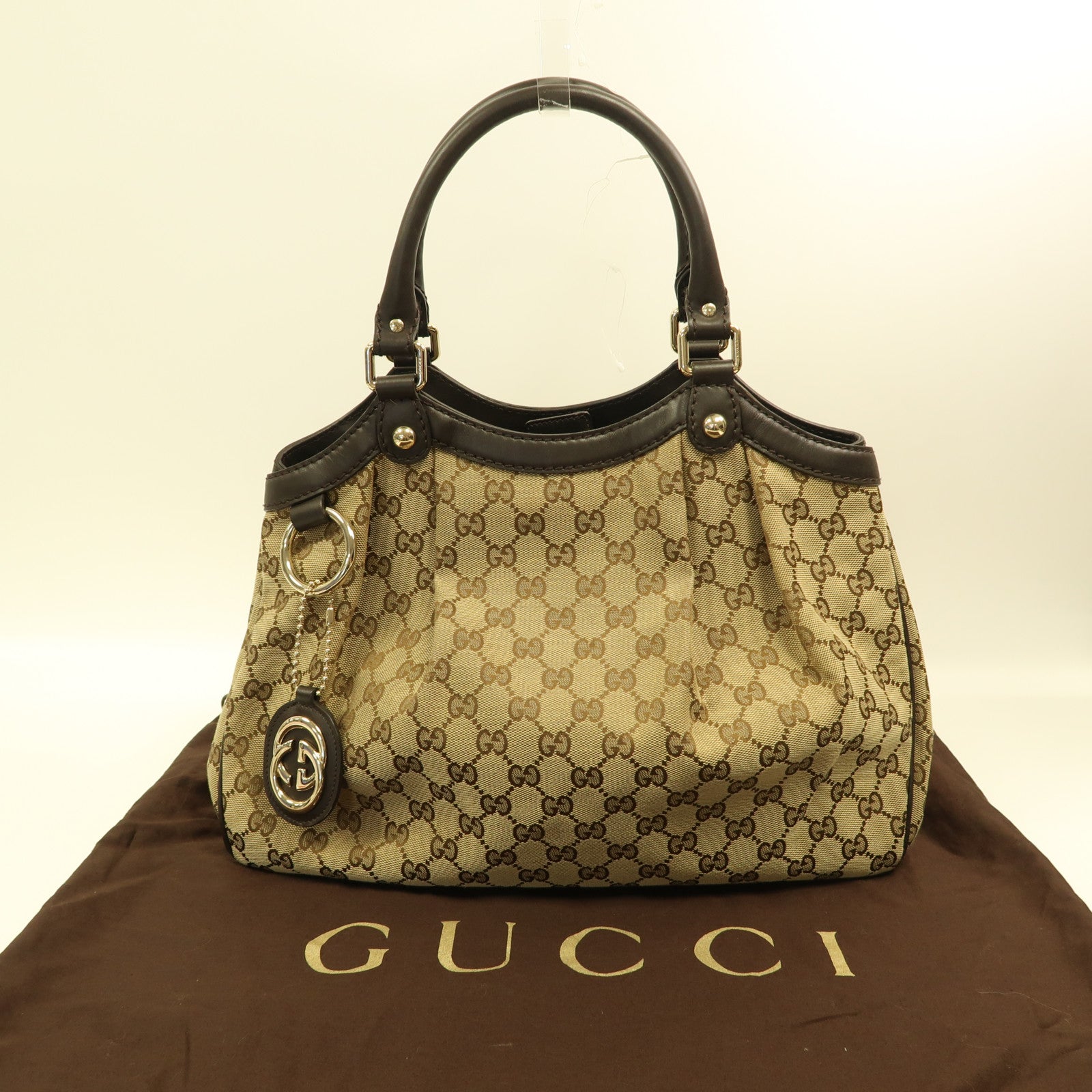 GUCCI 帆布Shoulder Bag金扣手挽袋啡色