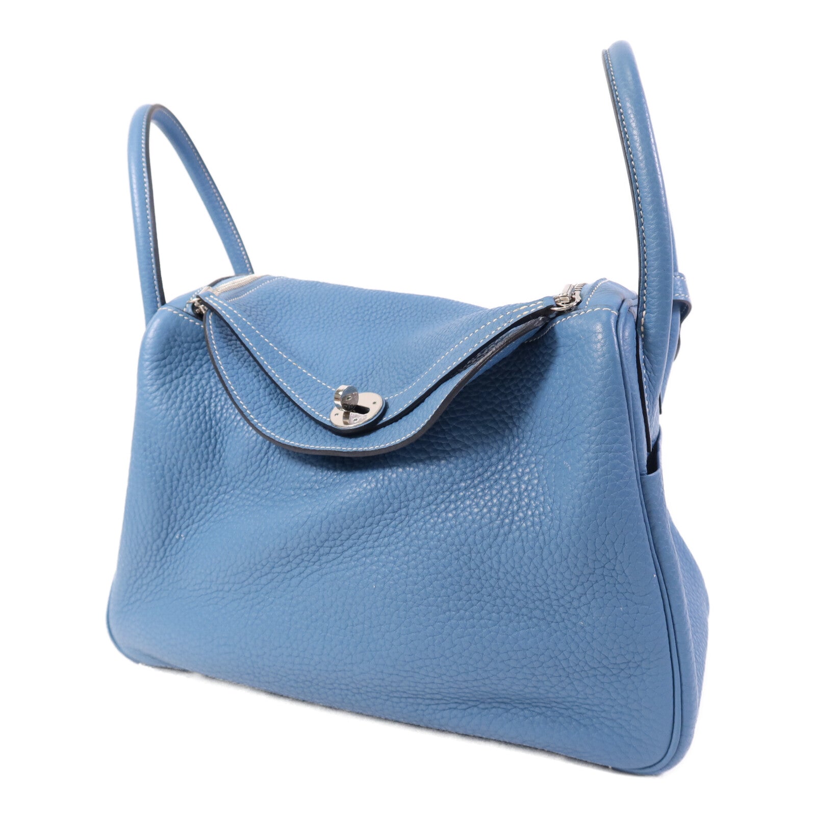HERMES Clemence皮革Lindy 30銀扣手挽肩背兩用袋Bleu Jean