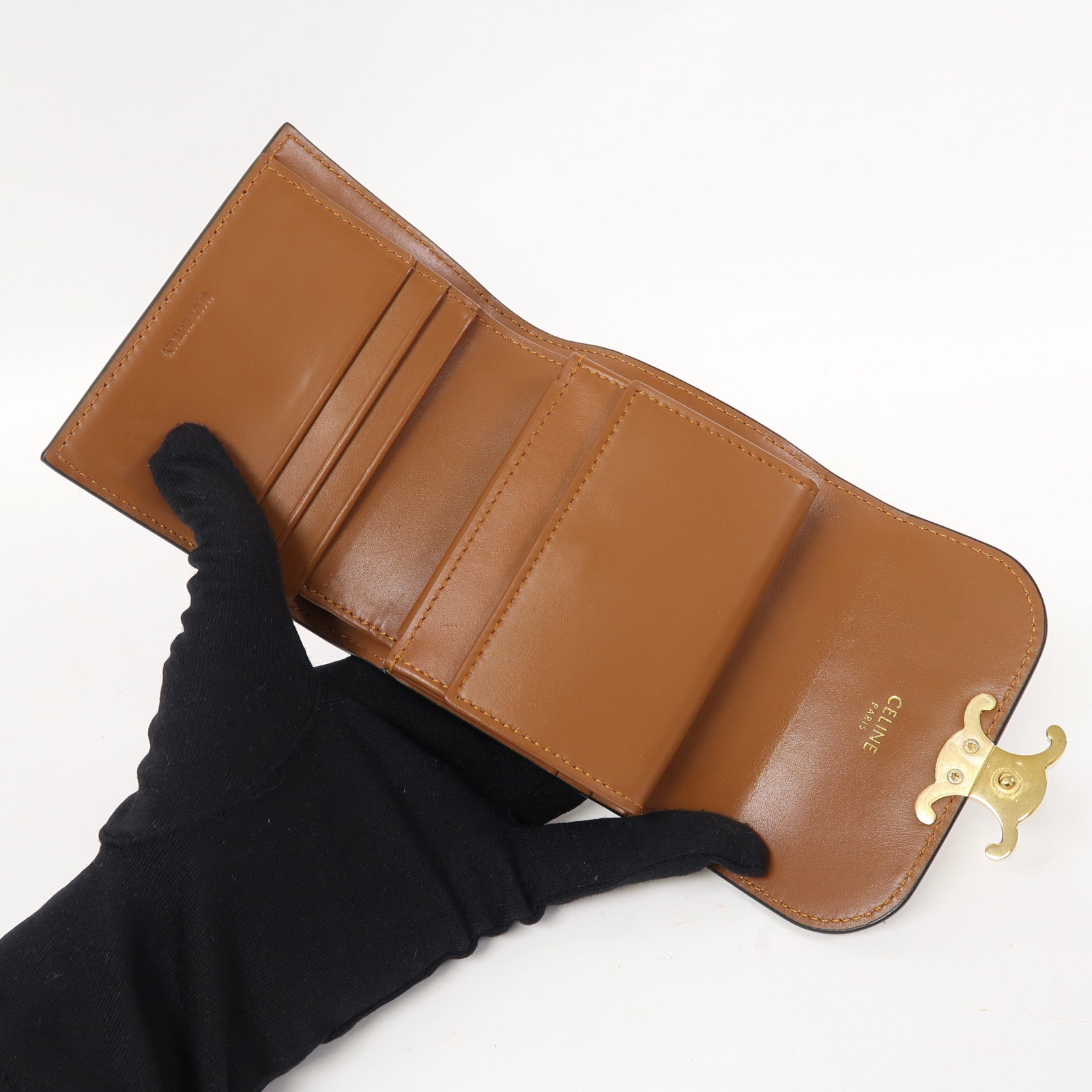 CELINE Triomphe帆布Small Flap Wallet金扣錢包啡色