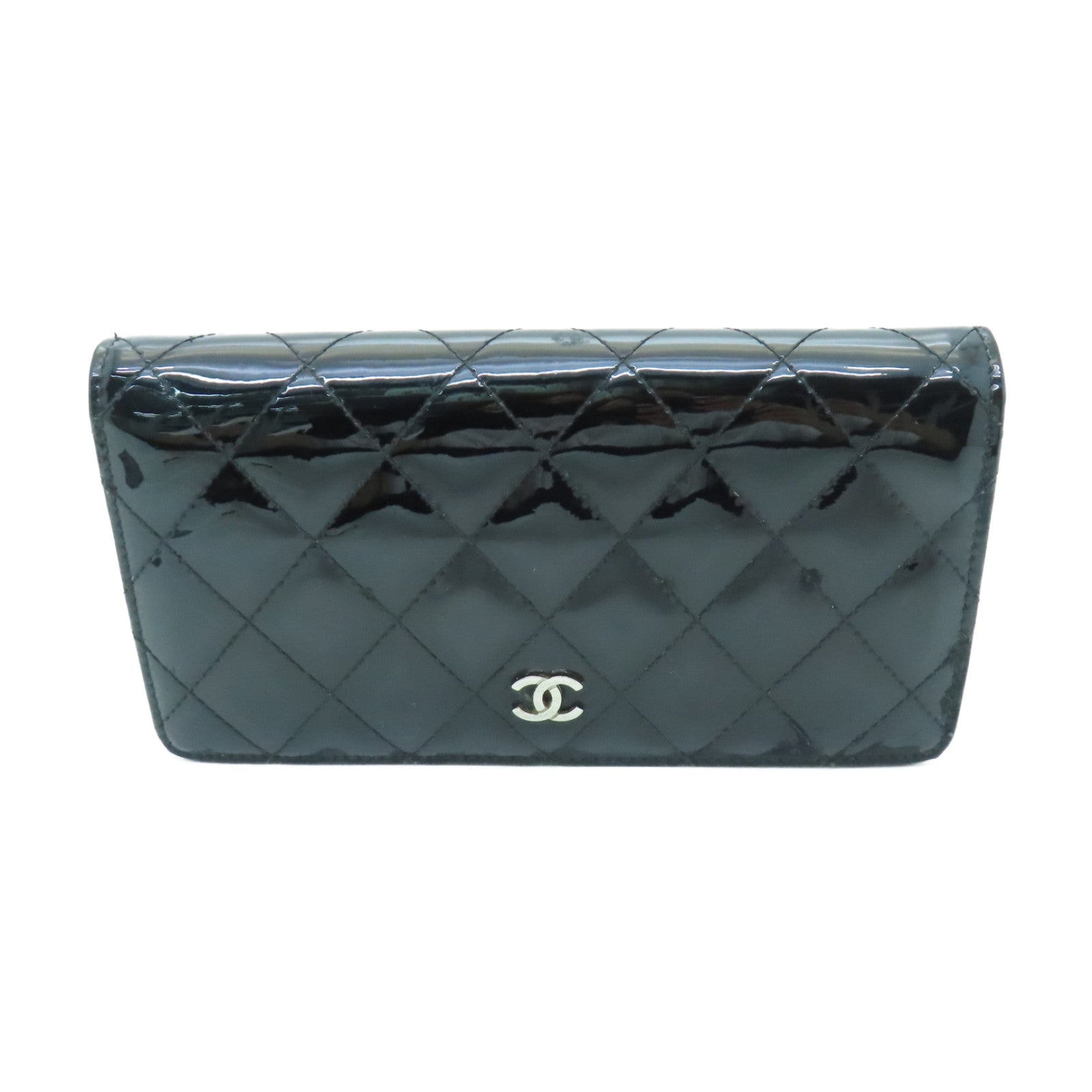 CHANEL 【激減優惠】菱格漆皮皮革Long Wallet銀扣長錢包黑色