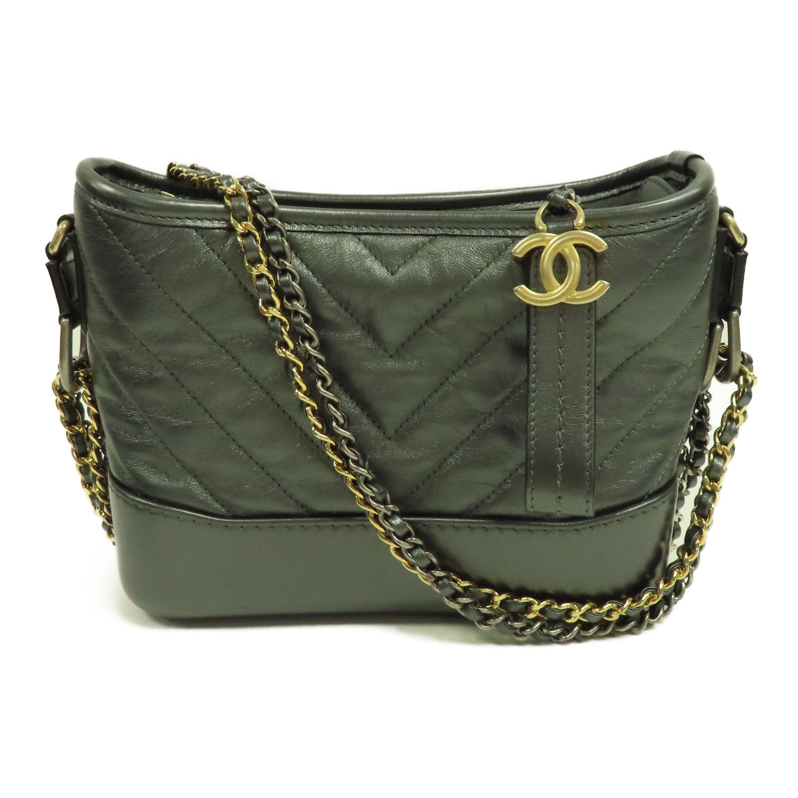 CHANEL 斜紋牛皮皮革Gabrielle Bag金/銀扣鏈帶肩背袋灰色