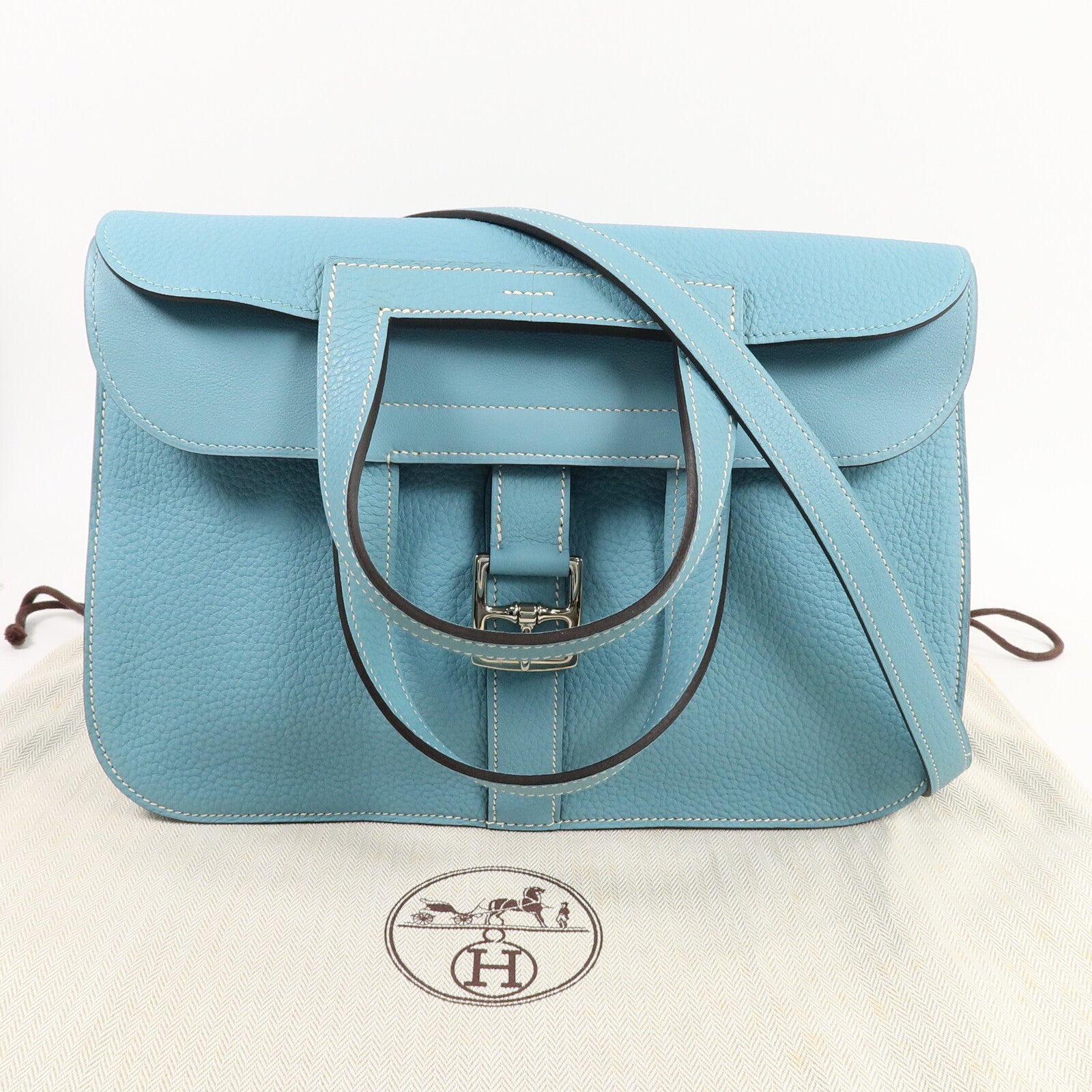 HERMES Clemence皮革Halzan 31手挽肩背兩用袋Bleu Atoll