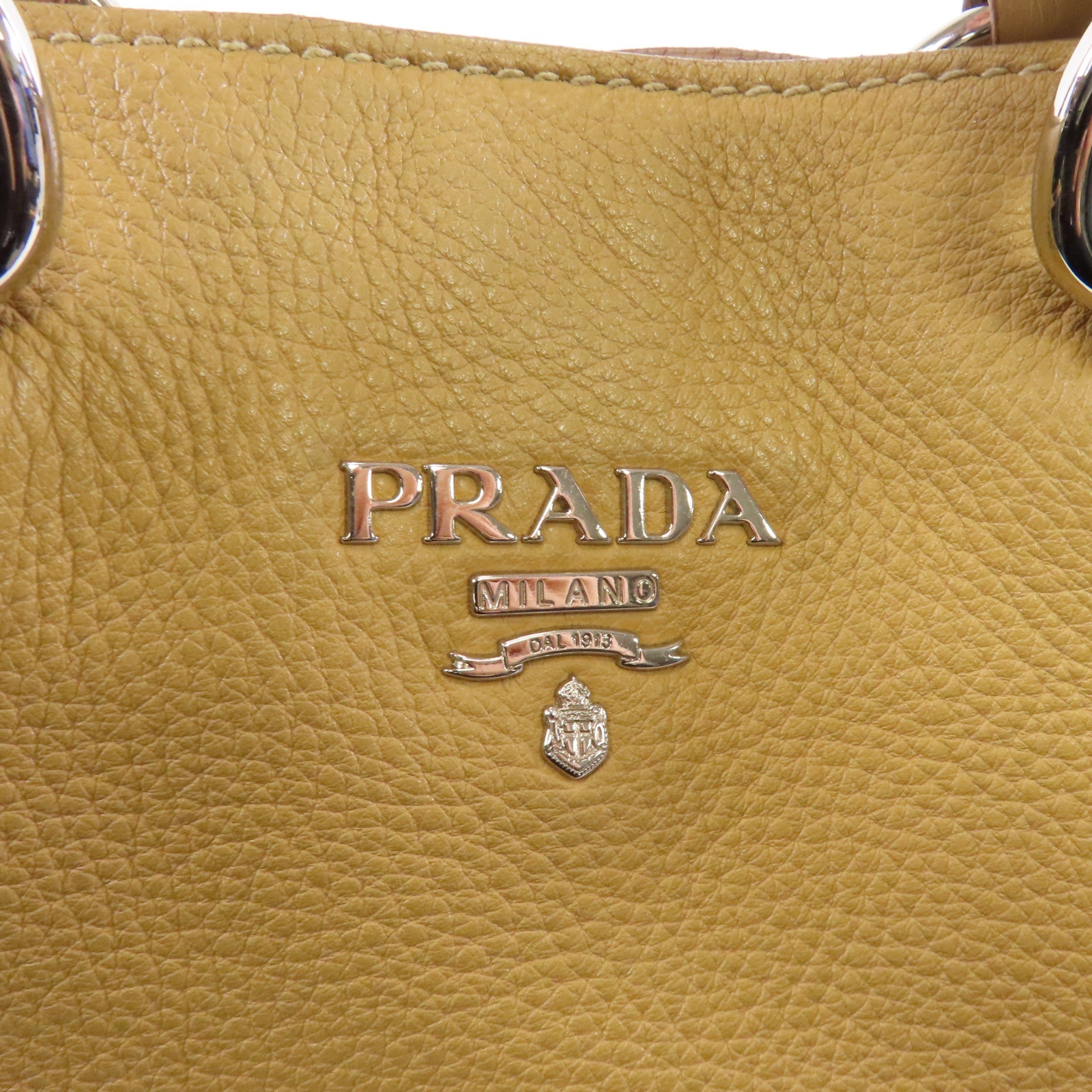 PRADA 牛皮皮革Shoulder Tote銀扣手挽肩背兩用袋卡其色