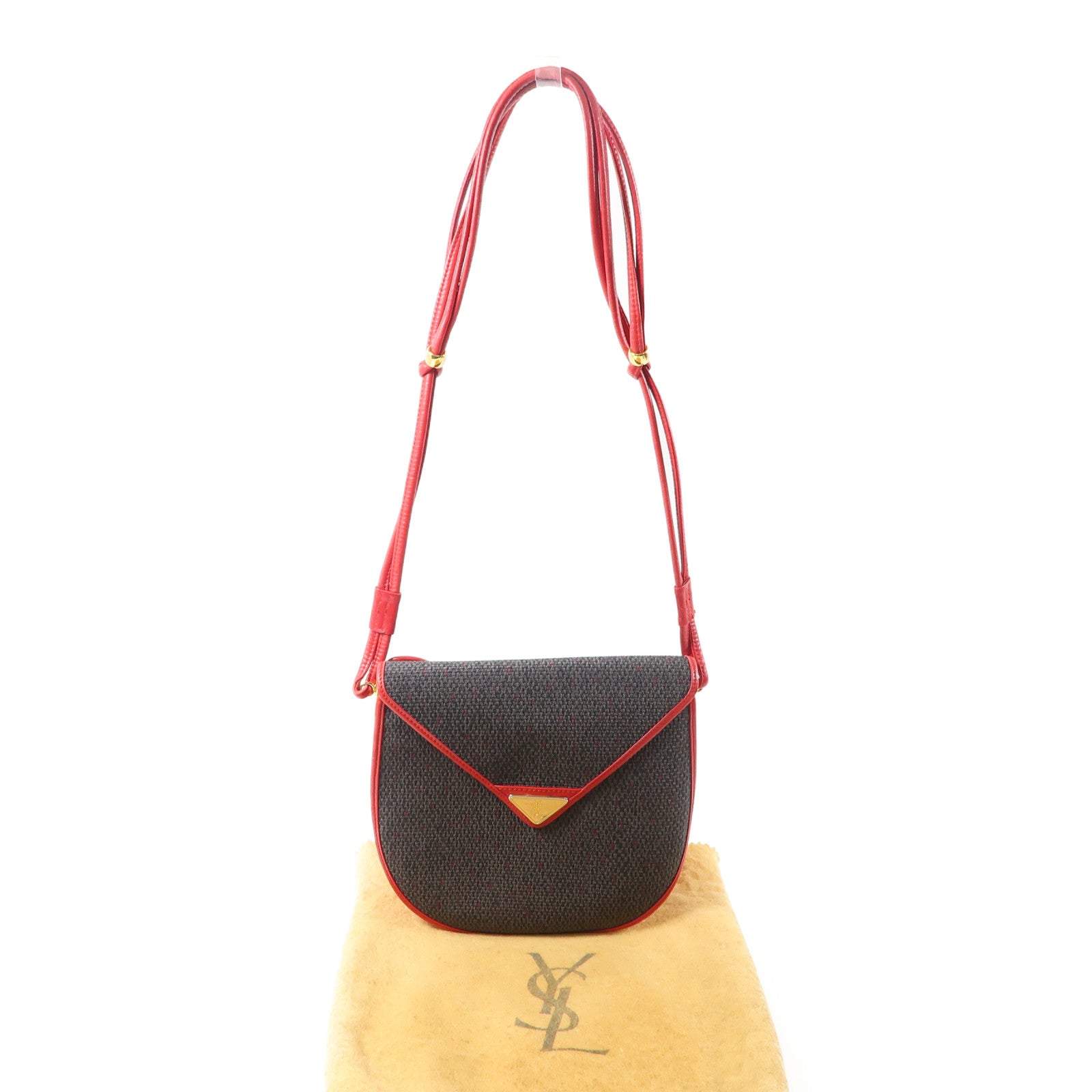 SAINT LAURENT 帆布Vinatge Shoulder Bag金扣肩背袋啡色/紅色