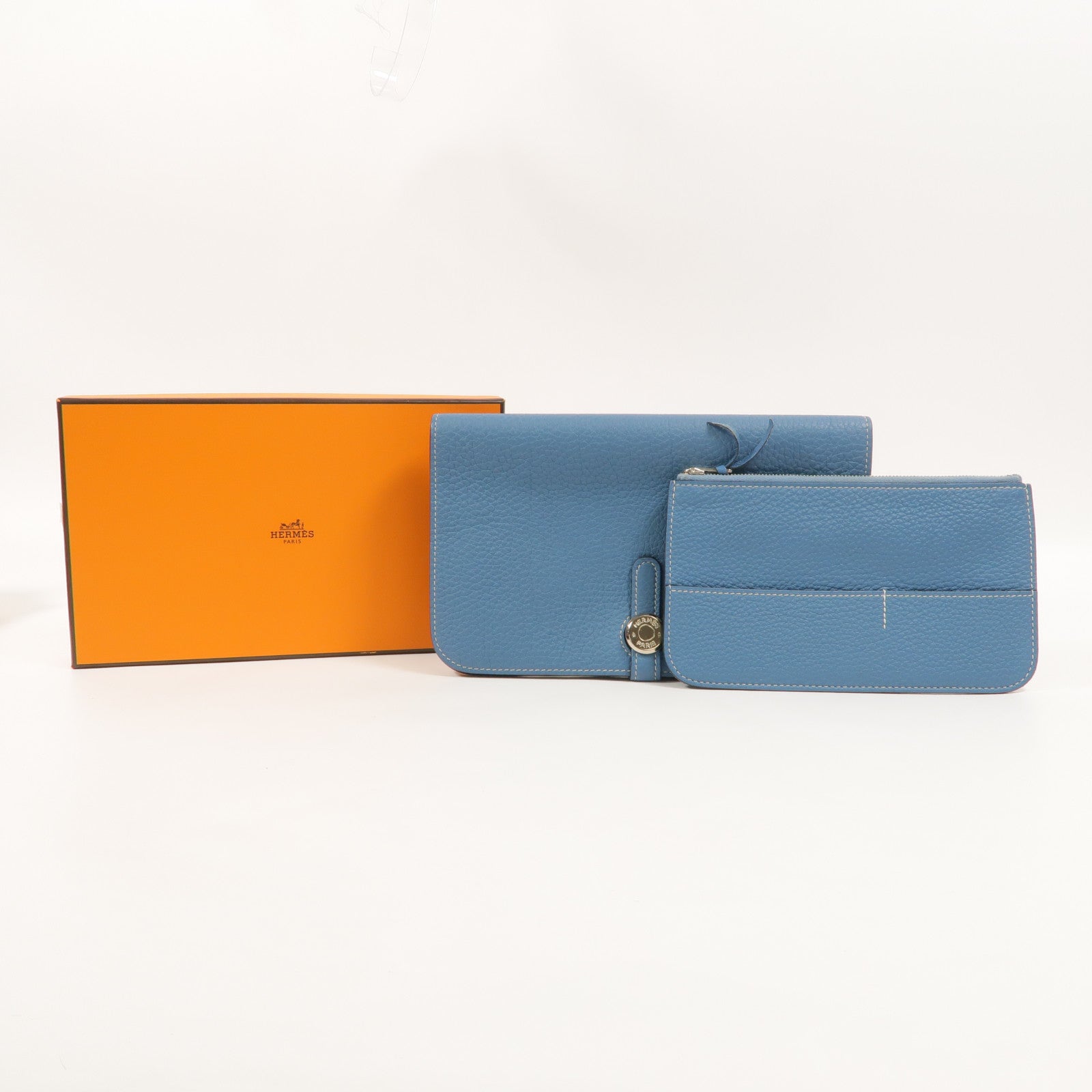HERMES Clemence皮革Dogon GM長錢包Bleu Jean