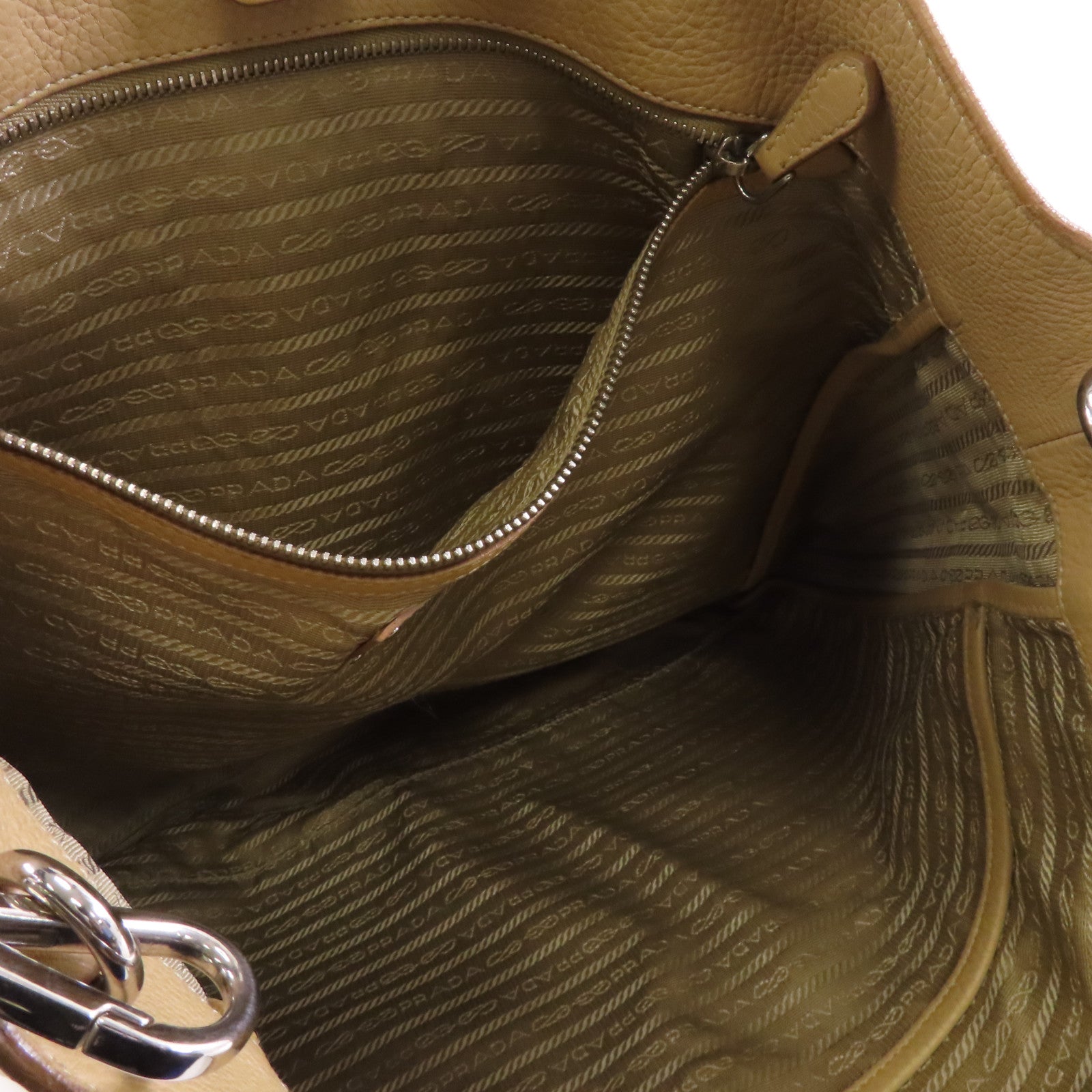 PRADA 牛皮皮革Shoulder Tote銀扣手挽肩背兩用袋卡其色