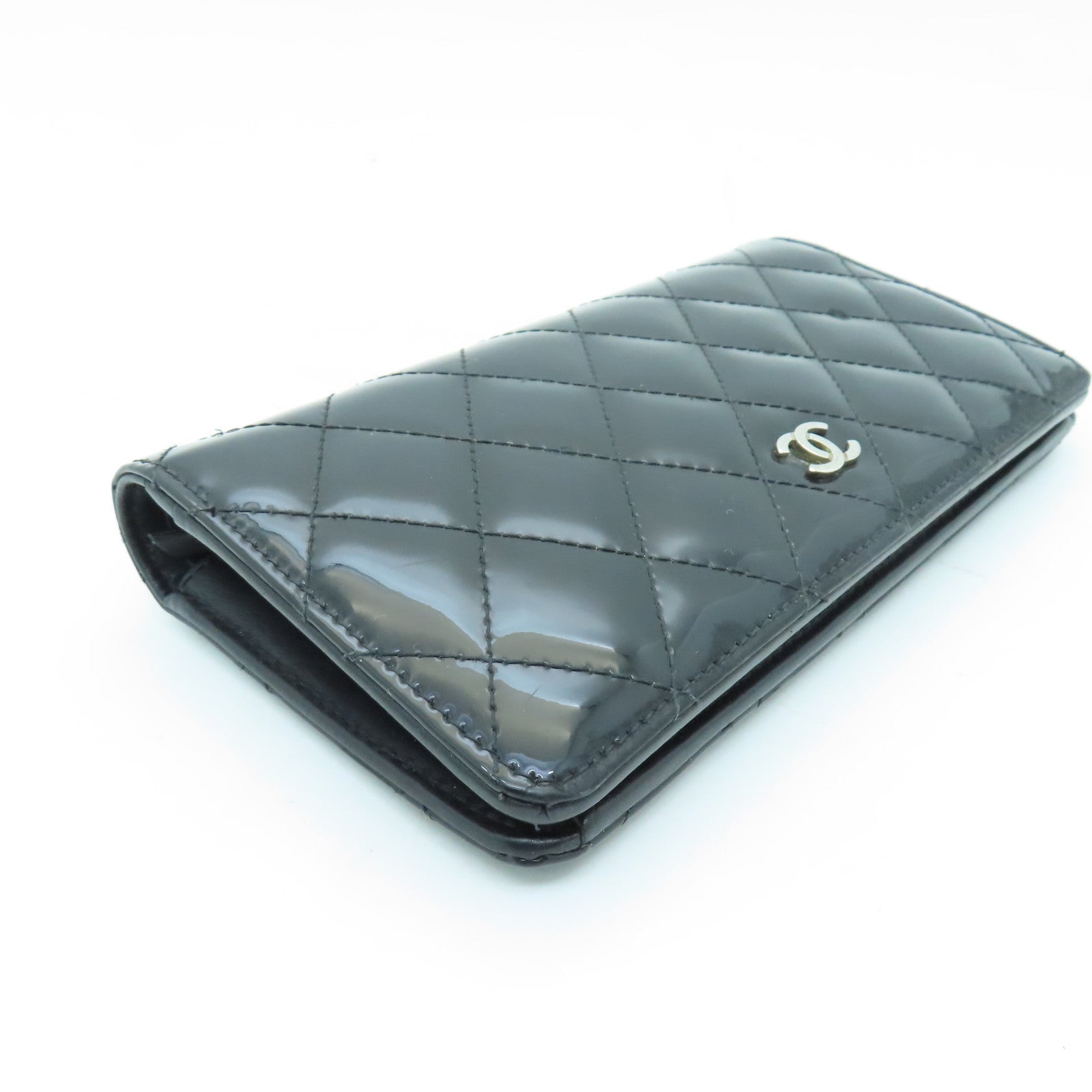 CHANEL 【激減優惠】菱格漆皮皮革Long Wallet銀扣長錢包黑色
