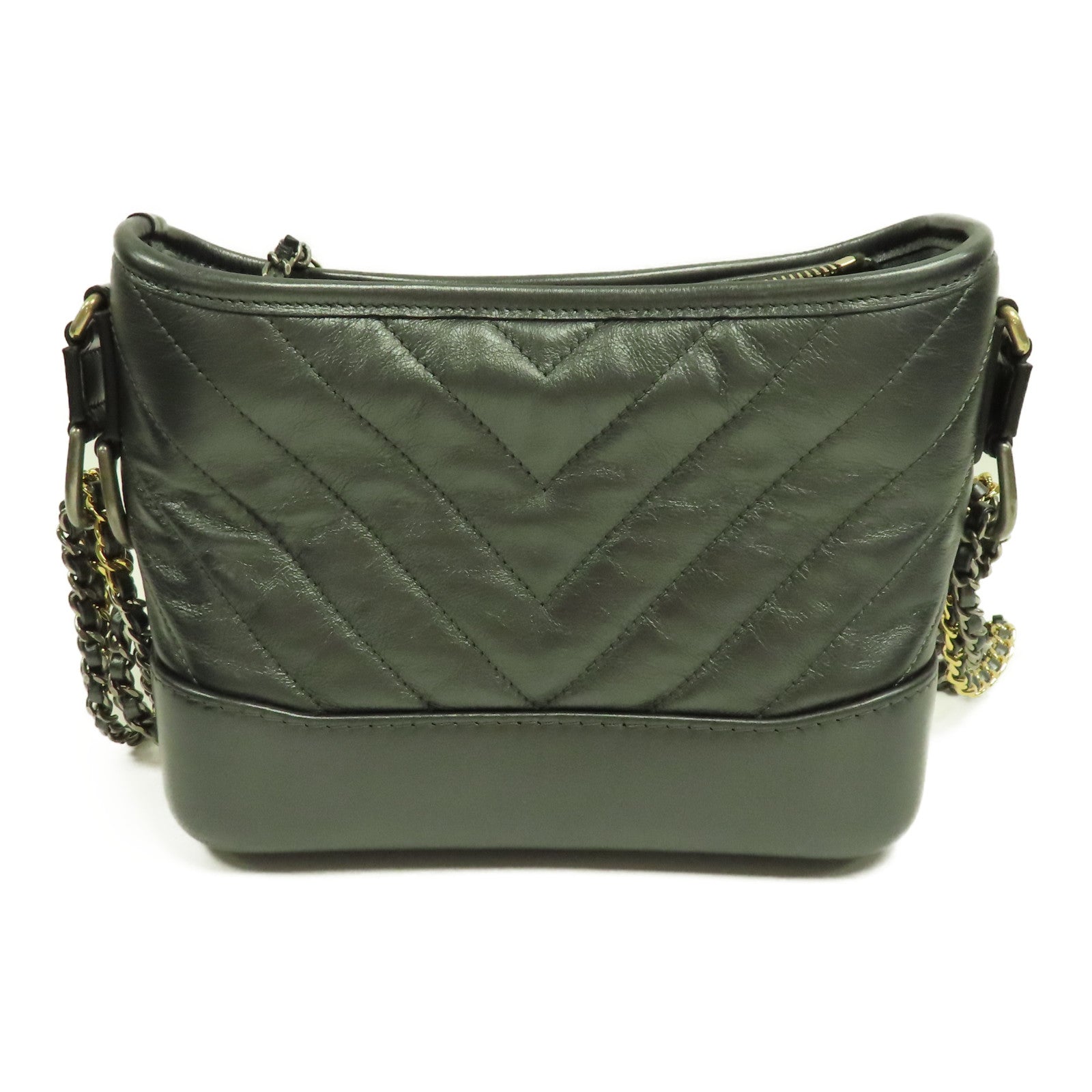 CHANEL 斜紋牛皮皮革Gabrielle Bag金/銀扣鏈帶肩背袋灰色