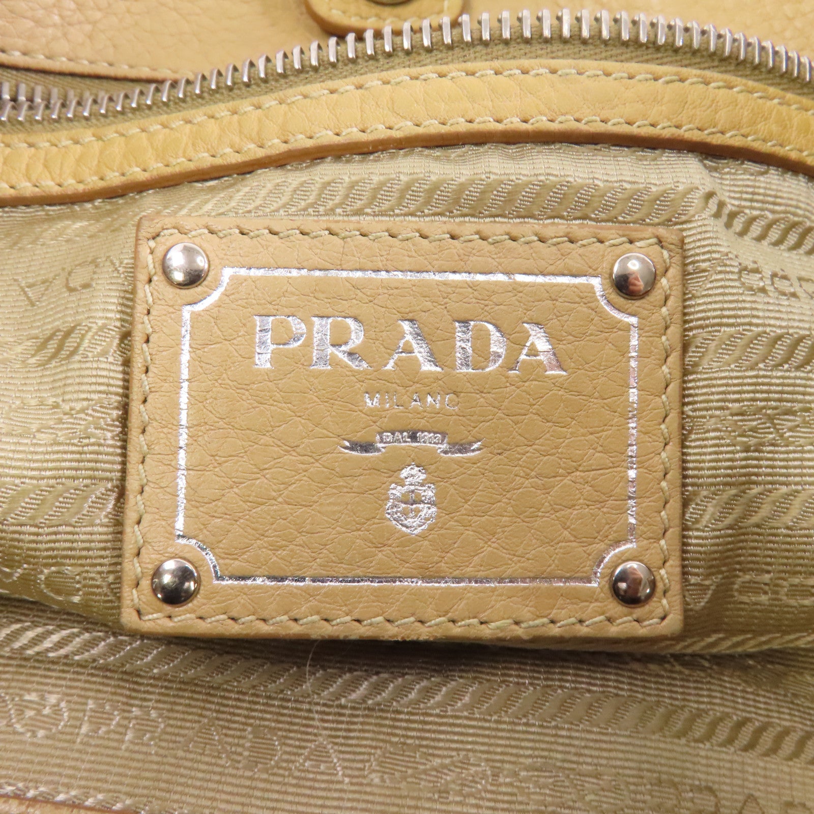 PRADA 牛皮皮革Shoulder Tote銀扣手挽肩背兩用袋卡其色