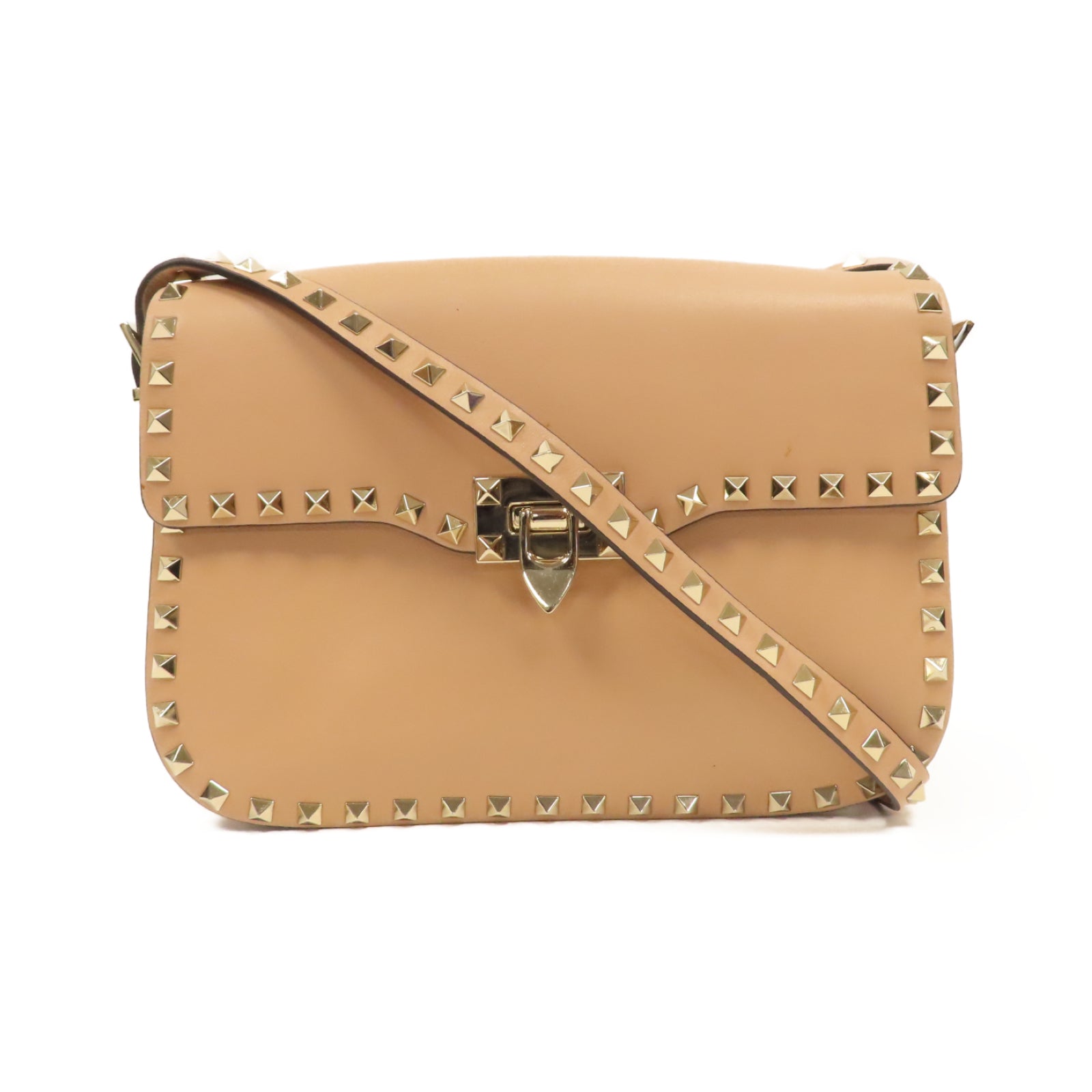 Valentino 窩釘羊皮皮革Shoulder Bag金扣肩背袋杏色